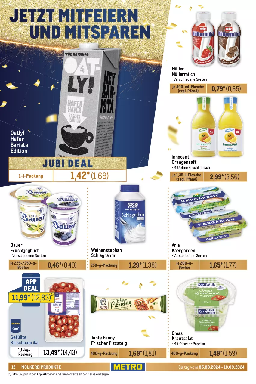 Aktueller Prospekt Metro - Food-NonFood - von 05.09 bis 18.09.2024 - strona 12 - produkty: arla, arla buko, auer, Bau, Bauer, Becher, Buko, coca-cola, cola, coupon, creme, eier, eis, elle, flasche, fleisch, frischkäse, frucht, fruchtfleisch, fruchtjoghurt, getränk, getränke, Gläser, hafer, HP, Innocent, joghur, joghurt, Käse, kirsch, kirsche, Kraut, krautsalat, likör, lindt, mac, milch, miracel, miracel whip, molkereiprodukte, Müller, müllermilch, orange, orangen, orangensaft, Palette, paprika, pfeffer, pizza, Pizzateig, reis, saft, salat, salatcreme, schlagrahm, schoko, schokolade, tafelschokolade, tante fanny, Ti, weihenstephan