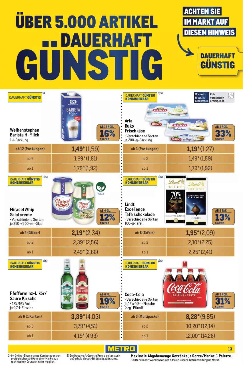 Aktueller Prospekt Metro - Food-NonFood - von 05.09 bis 18.09.2024 - strona 13 - produkty: arla, arla buko, auer, Bau, Bauer, Becher, Buko, coca-cola, cola, coupon, creme, eier, eis, elle, flasche, fleisch, frischkäse, frucht, fruchtfleisch, fruchtjoghurt, getränk, getränke, Gläser, hafer, HP, Innocent, joghur, joghurt, Käse, kirsch, kirsche, Kraut, krautsalat, likör, lindt, mac, milch, miracel, miracel whip, molkereiprodukte, Müller, müllermilch, orange, orangen, orangensaft, Palette, paprika, pfeffer, pizza, Pizzateig, reis, saft, salat, salatcreme, schlagrahm, schoko, schokolade, tafelschokolade, tante fanny, Ti, weihenstephan