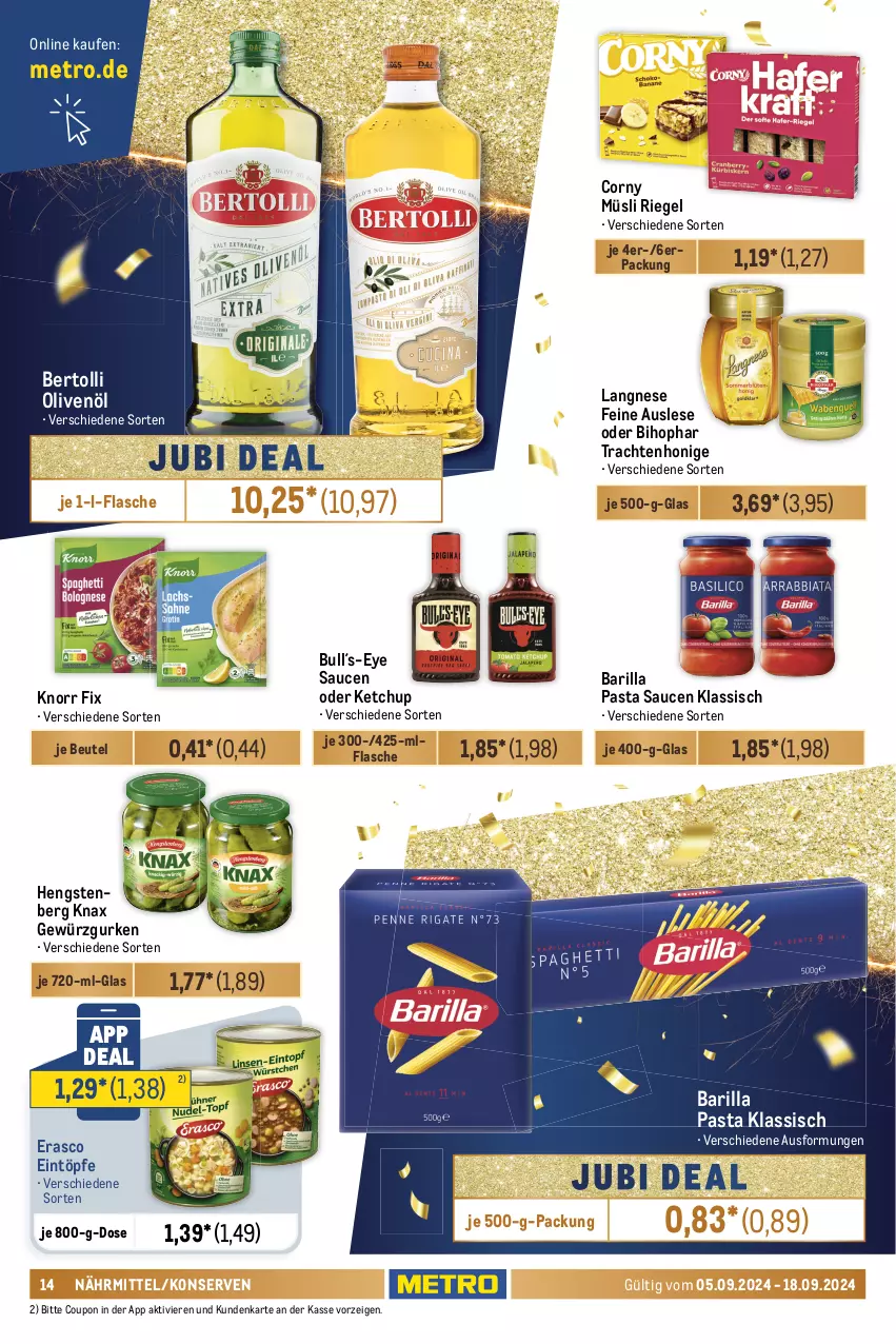 Aktueller Prospekt Metro - Food-NonFood - von 05.09 bis 18.09.2024 - strona 14 - produkty: barilla, bertolli, beutel, bihophar, bohne, café royal, caffè crema, corny, coupon, dallmayr, dallmayr prodomo, eduscho, eintöpfe, eis, erasco, espresso, flasche, früchte, Früchtetee, getränk, getränke, gewürz, Gewürzgurke, gewürzgurken, gurke, gurken, hengstenberg, honig, Julius Meinl, kakao, ketchup, knorr, knorr fix, Konserven, langnese, lavazza, Metro, müsli, olive, oliven, olivenöl, pasta, Pasta Sauce, prodomo, riegel, sauce, saucen, tee, teekanne, Ti