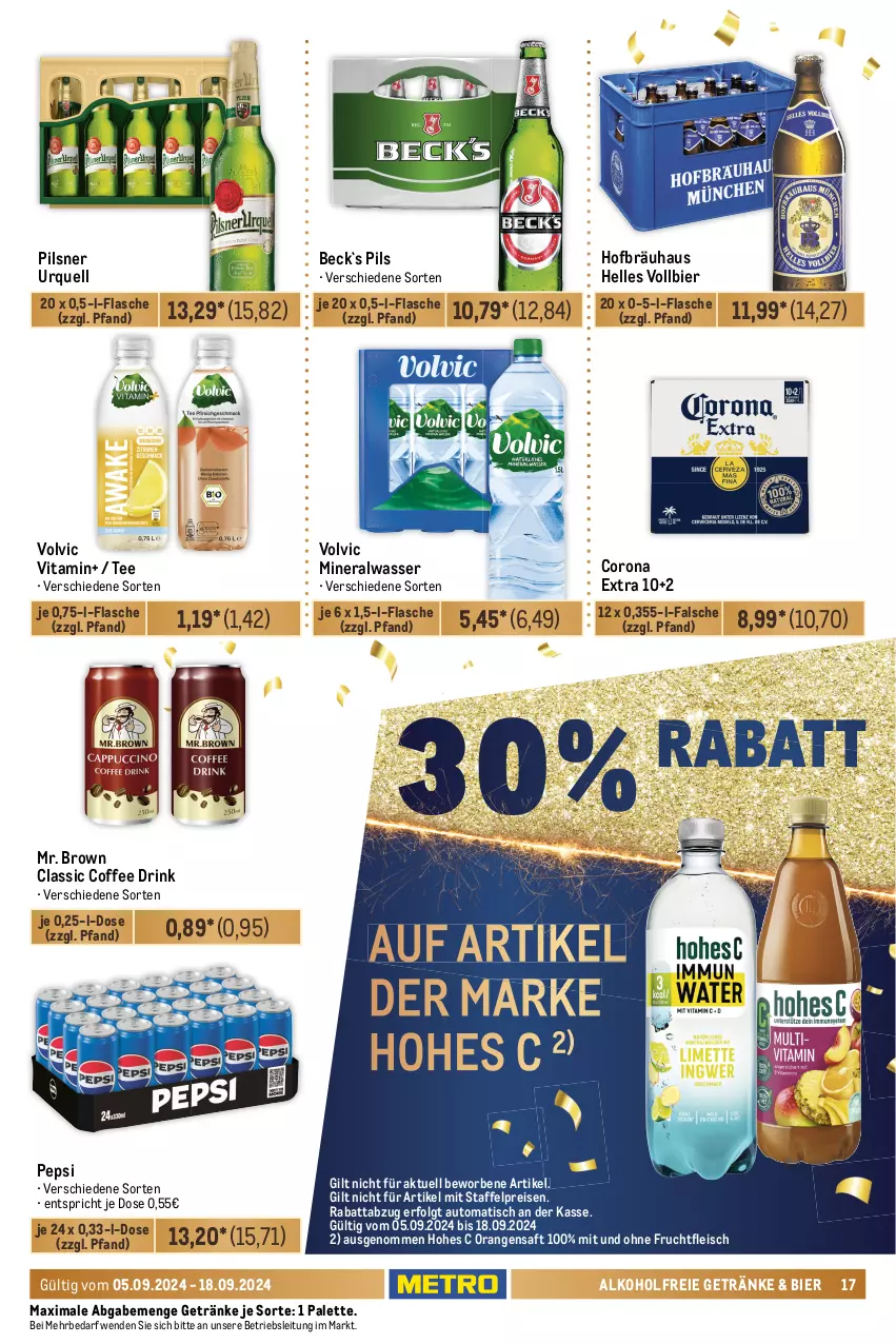 Aktueller Prospekt Metro - Food-NonFood - von 05.09 bis 18.09.2024 - strona 17 - produkty: alkohol, alkoholfreie getränke, Alwa, amicelli, auto, bier, corona, corona extra, coupon, drink, eis, elle, ente, erdnüsse, flasche, fleisch, frucht, fruchtfleisch, getränk, getränke, Hohes C, Kinder, knoppers, kracher, LG, maoam, milka, mineralwasser, nuss, nussriegel, orange, orangen, orangensaft, Palette, pepsi, pils, pilsner, pilsner urquell, reis, riegel, ritter, ritter sport, saft, schoko, schokolade, schokowürfel, Sport, storck, süsswaren, tafelschokolade, tee, Ti, tisch, ültje, ültje erdnüsse, vita, volvic, wasser, würfel