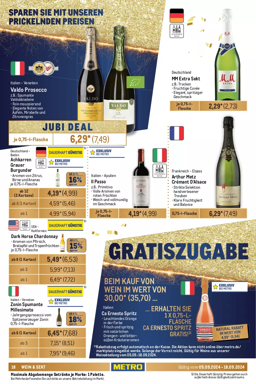 Aktueller Prospekt Metro - Food-NonFood - von 05.09 bis 18.09.2024 - strona 18 - produkty: Abtei, ananas, apfel, auer, auto, bacardi, bacardi rum, Bad, burgunder, chardonnay, cin, cuvée, dell, dry gin, ecco, eis, elle, erde, ernesto, flasche, frangelico, frucht, früchte, früchten, getränk, getränke, gin, grauer burgunder, haselnuss, kräuter, kräuterlikör, Leuchte, leuchten, LG, likör, limo, mac, Metaxa, Metro, mm extra, moskovskaya, natur, natura, nuss, orange, orangen, Palette, passo, pfirsich, primitivo, prosecco, puma, reis, rum, sac, sekt, sim, spirituosen, spumante, Ti, tisch, trauben, valdo, vodka, wein, weine, whisky, zitrone, zitronen, zonin