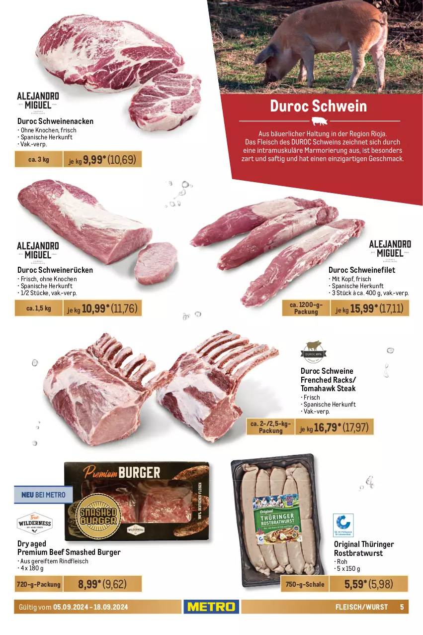 Aktueller Prospekt Metro - Food-NonFood - von 05.09 bis 18.09.2024 - strona 5 - produkty: beef, braten, bratwurst, burger, coupon, eis, elle, entrecôte, Falsches Filet, filet, fleisch, gin, gulasch, kalbsschnitzel, mais, Metro, original thüringer, reis, rind, rinder, Rindersteak, rindfleisch, ring, roastbeef, rostbratwurst, Schal, Schale, schnitzel, schwein, schweine, schweinefilet, schweinenacken, schweinerücken, steak, steakhüfte, thüringer rostbratwurst, Ti, wein, weine, wurst