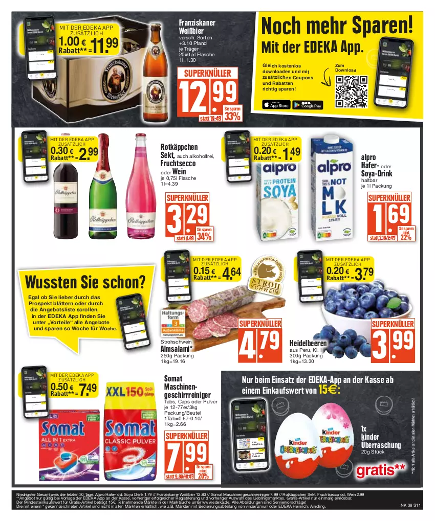 Aktueller Prospekt E Center - Angebote der Woche - von 18.09 bis 23.09.2023 - strona 11 - produkty: Abtei, alkohol, alpro, angebot, angebote, beere, beeren, beutel, bier, Cap, coupon, coupons, deka, drink, ecco, eis, flasche, fleisch, franziskaner, frucht, fruchtsecco, geschirr, hafer, heidelbeere, heidelbeeren, Kinder, LG, nuss, reiniger, reis, rotkäppchen, salami, schwein, sekt, somat, soya, Ti, wein, ZTE