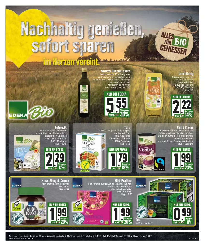 Aktueller Prospekt E Center - Angebote der Woche - von 18.09 bis 23.09.2023 - strona 13 - produkty: caffè crema, creme, deka, eis, feta, flasche, gin, honig, kaffee, kaffee-pads, milch, natives olivenöl, natur, nuss, nuss-nougat-creme, ohne palmöl, olive, oliven, olivenöl, olivenöl extra, pralinen, reis, salz, tee, Ti, tisch, Tofu, ZTE