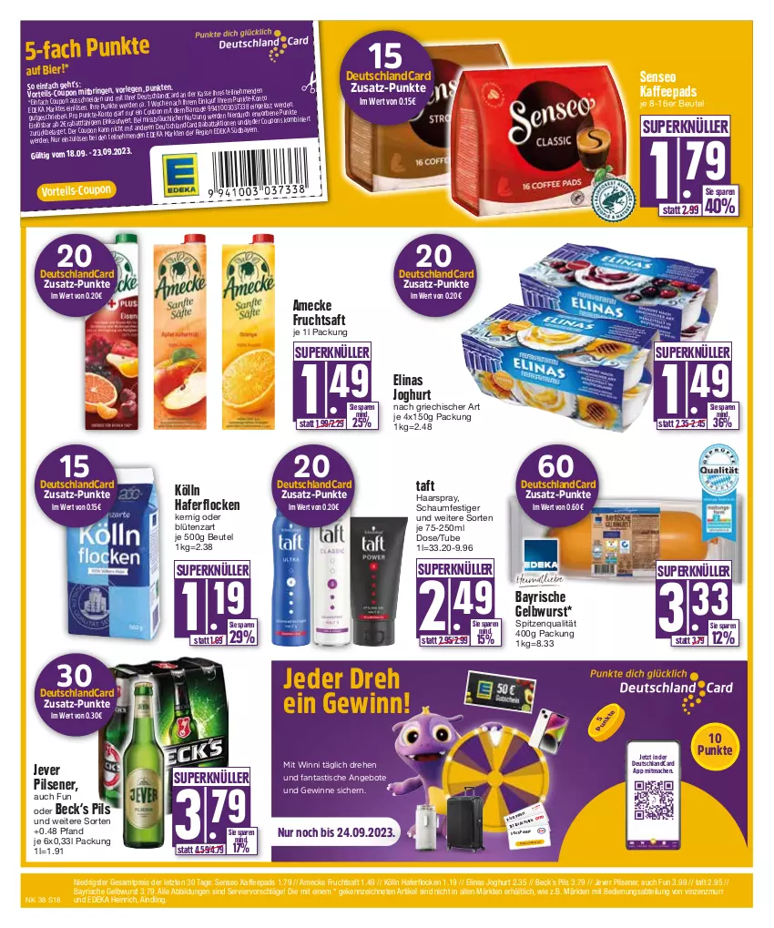 Aktueller Prospekt E Center - Angebote der Woche - von 18.09 bis 23.09.2023 - strona 18 - produkty: Abtei, amecke, angebot, angebote, asti, beutel, bier, Blüte, coupon, coupons, deka, deutschlandcard, eis, elinas, elinas joghurt, erde, fanta, frucht, fruchtsaft, haarspray, hafer, haferflocken, jever, jever pilsener, joghur, joghurt, kaffee, kaffeepads, kölln, mac, pils, pilsener, reis, ring, saft, schaumfestiger, senseo, spitzenqualität, Taft, Ti, tisch, wurst, ZTE