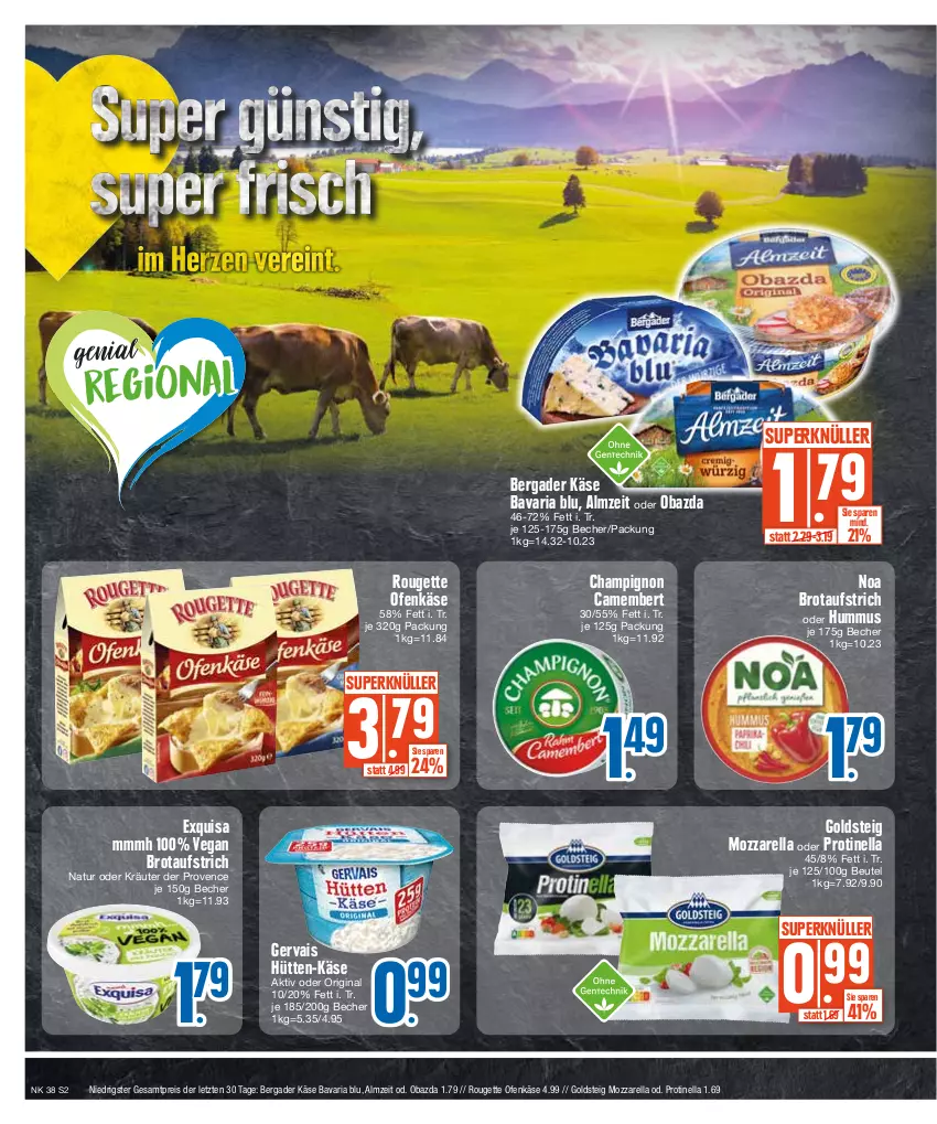 Aktueller Prospekt E Center - Angebote der Woche - von 18.09 bis 23.09.2023 - strona 2 - produkty: aufstrich, bavaria blu, Becher, bergader, beutel, brot, brotaufstrich, camembert, champignon, eis, exquisa, gervais, gin, goldsteig, hummus, Käse, kräuter, mozzarella, natur, obazda, oder kräuter, Ofen, Ofenkäse, reis, rel, Ria, rouge, rougette, Ti, ZTE