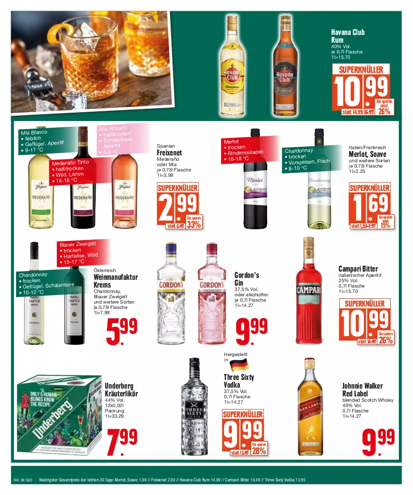 Aktueller Prospekt E Center - Angebote der Woche - von 18.09 bis 23.09.2023 - strona 20 - produkty: alkohol, aperitif, auer, blauer zweigelt, blended scotch, blended scotch whisky, campari, chardonnay, eis, Faktu, fisch, flasche, freixenet, Geflügel, gin, gordon, gordon's, hartkäse, Havana Club, johnnie walker, Käse, kräuter, kräuterlikör, lamm, likör, merl, merlot, reis, rind, rinder, Rinderroulade, rinderrouladen, rouladen, rum, Schal, Schale, scotch, scotch whisky, Three Sixty, Ti, Tiere, underberg, vodka, vorspeise, wein, whisky, Wild, ZTE, Zweigelt