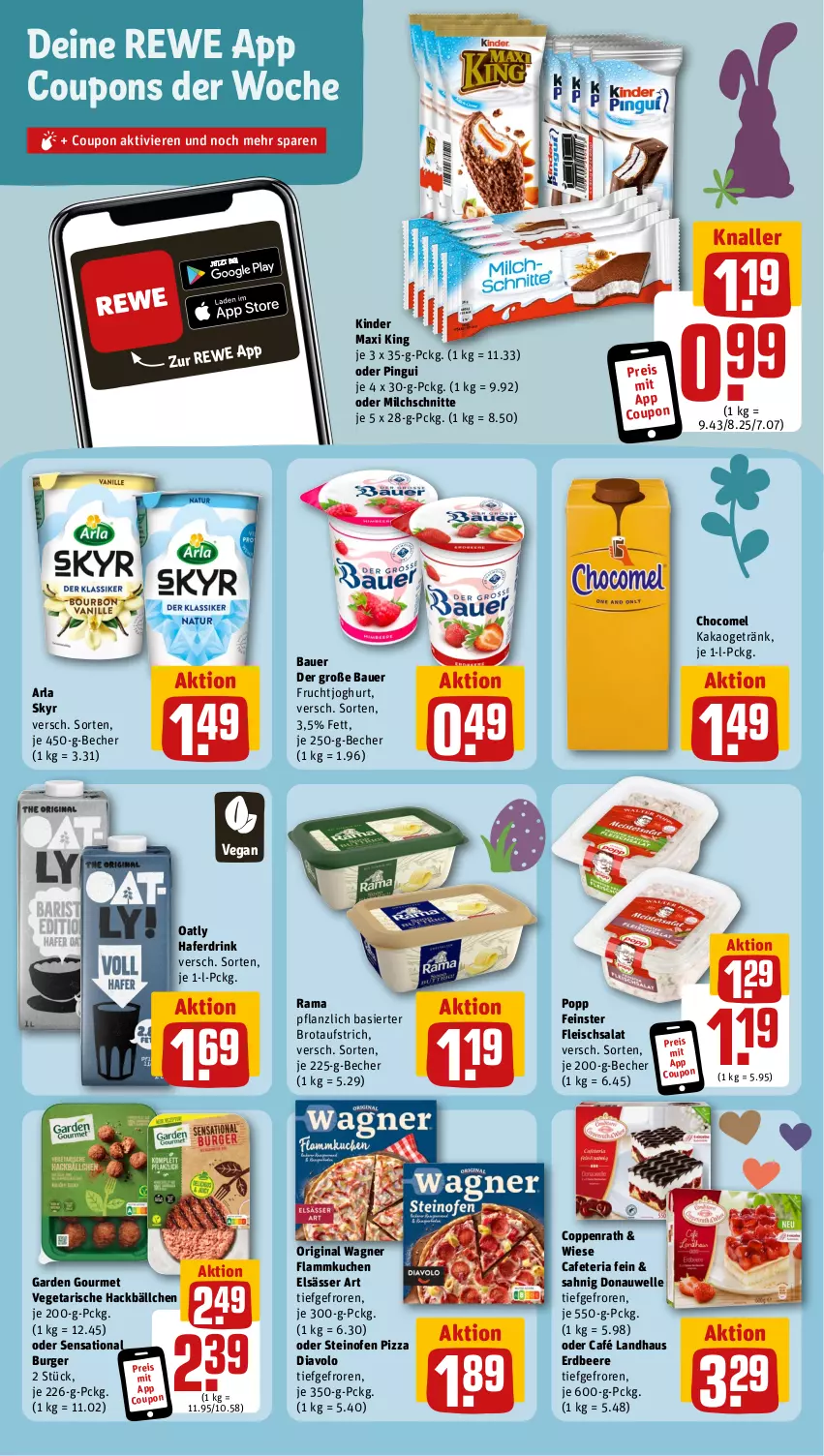 Aktueller Prospekt Rewe - Prospekte - von 11.03 bis 16.03.2024 - strona 10 - produkty: arla, arla skyr, auer, aufstrich, Bau, Bauer, Becher, beere, brot, brotaufstrich, burger, Café Landhaus, coppenrath, coupon, coupons, drink, eis, elle, elsässer art, erdbeere, flammkuchen, fleisch, fleischsalat, frucht, fruchtjoghurt, garden gourmet, getränk, gin, hafer, Haferdrink, joghur, joghurt, kakao, Kinder, Kinder Maxi, kinder maxi king, kuchen, lamm, milch, Milchschnitte, Ofen, original wagner, pingui, pizza, Popp, rama, reis, Ria, salat, Skyr, steinofen, steinofen pizza, Ti, Vegeta, wagner