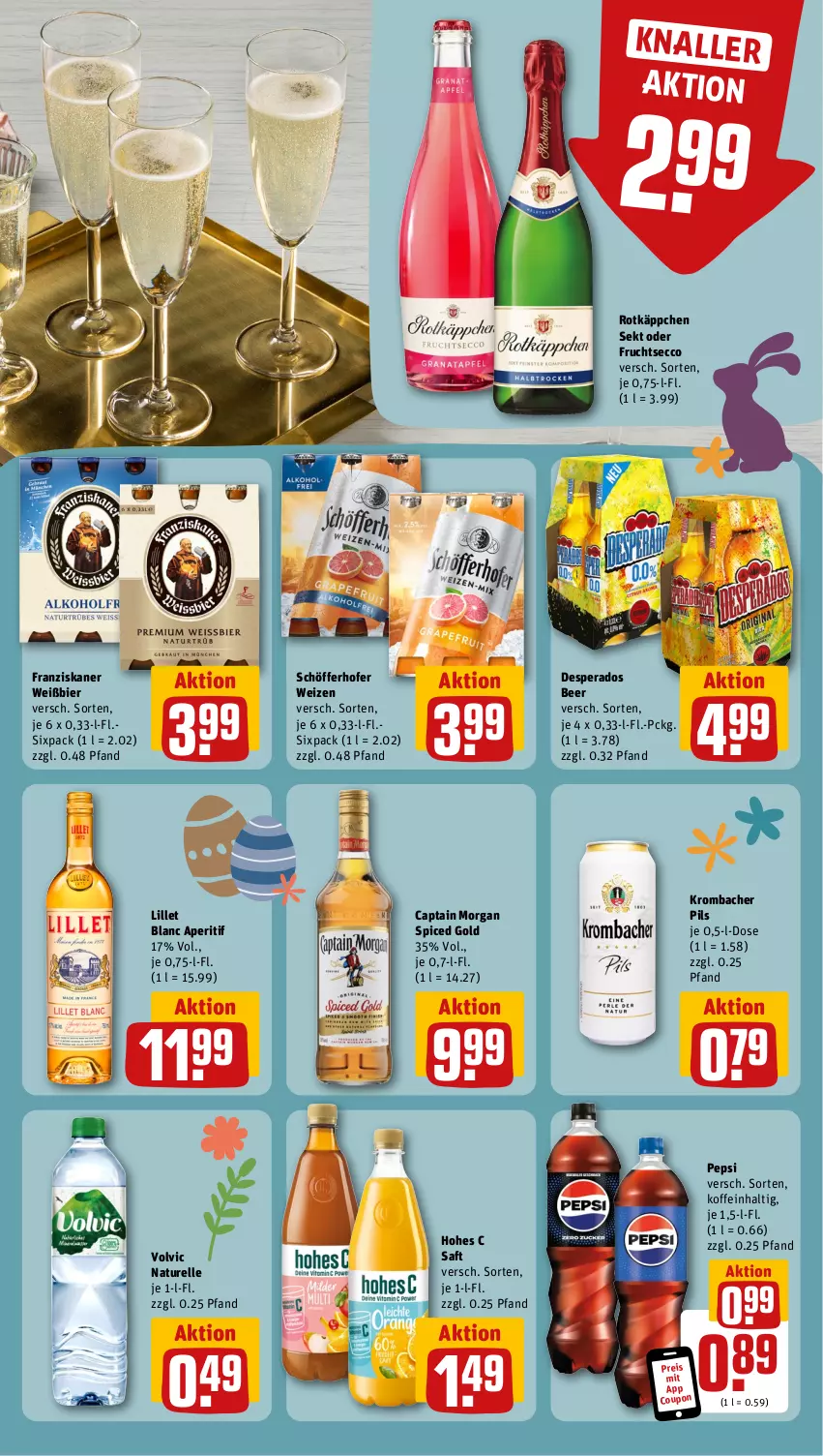 Aktueller Prospekt Rewe - Prospekte - von 11.03 bis 16.03.2024 - strona 11 - produkty: aperitif, bier, Cap, captain morgan, coupon, desperados, ecco, eis, elle, franziskaner, frucht, fruchtsecco, Hohes C, krombache, krombacher, krombacher pils, lillet, natur, pepsi, pils, reis, rel, rotkäppchen, saft, schöfferhofer, sekt, Ti, volvic