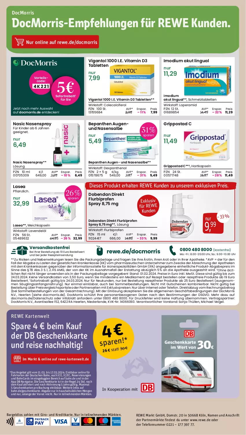 Aktueller Prospekt Rewe - Prospekte - von 11.03 bis 16.03.2024 - strona 18 - produkty: angebot, Apotheke, Avanti, Bepanthen, buch, Cif, decke, Dobendan, eier, eis, elle, Flurbiprofen, Grippostad, gutschein, gutscheine, ilag, Imodium, K2, Kinder, Lasea, lavendel, LG, Nasenspray, Nasic, ndk, Ofen, Panthenol, reis, rezept, rezepte, sofortrabatt, Spezi, Sport, tablet, tablett, Tablette, telefon, Ti, Tiere, tisch, uhr, versandkostenfrei, Vigantol, vita, Vitamin D, weck