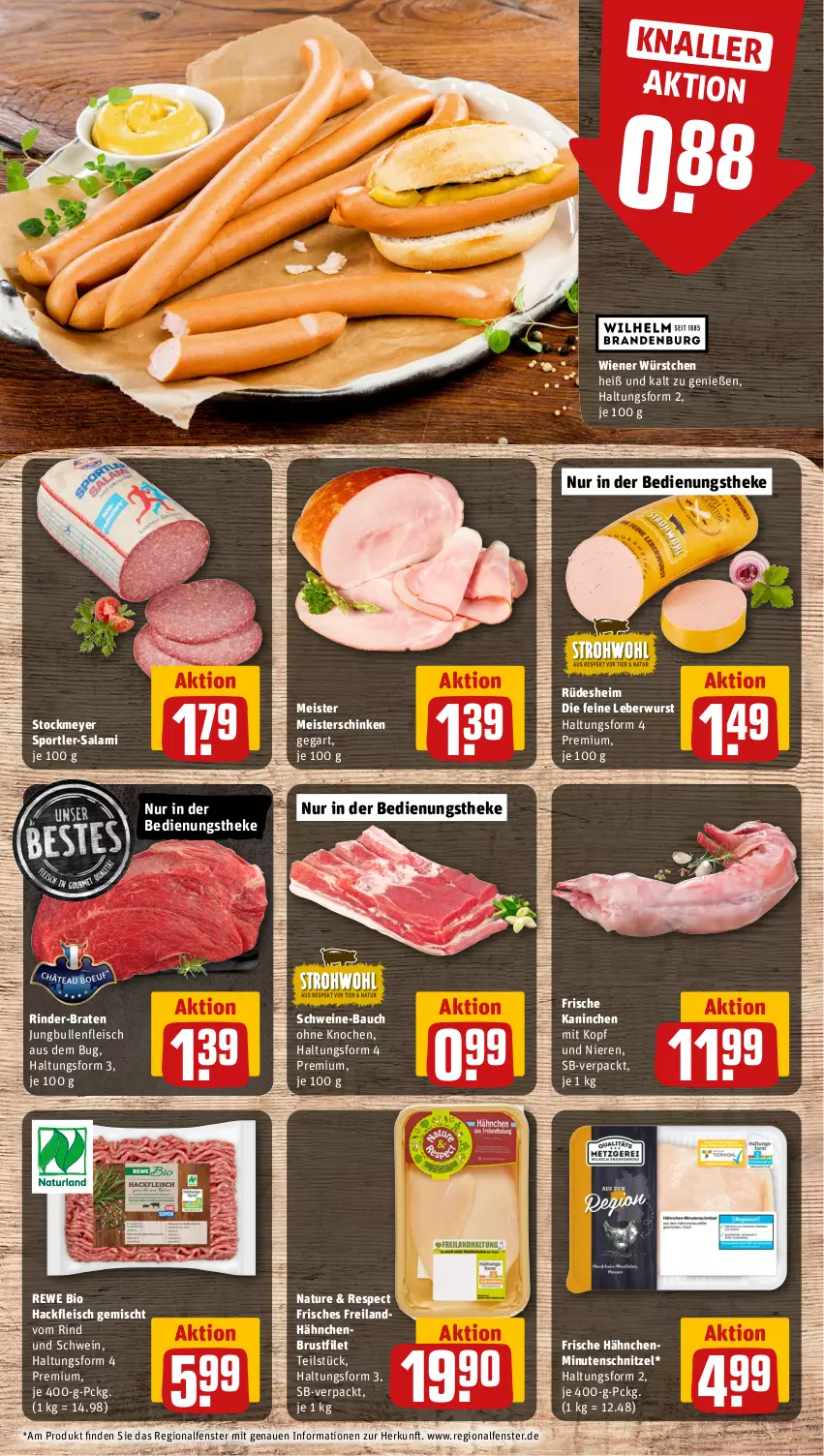 Aktueller Prospekt Rewe - Prospekte - von 11.03 bis 16.03.2024 - strona 8 - produkty: Bau, bio, braten, brustfilet, eis, fenster, filet, fleisch, Frische Hähnchen, hackfleisch, hackfleisch gemischt, hähnchenbrust, hähnchenbrustfilet, jungbullen, leberwurst, Meister, minutenschnitzel, natur, rewe bio, rind, rinder, salami, schinken, schnitzel, schwein, schweine, schweine-bauch, Sport, stockmeyer, Ti, wein, weine, wiener, wiener würstchen, wurst, würstchen