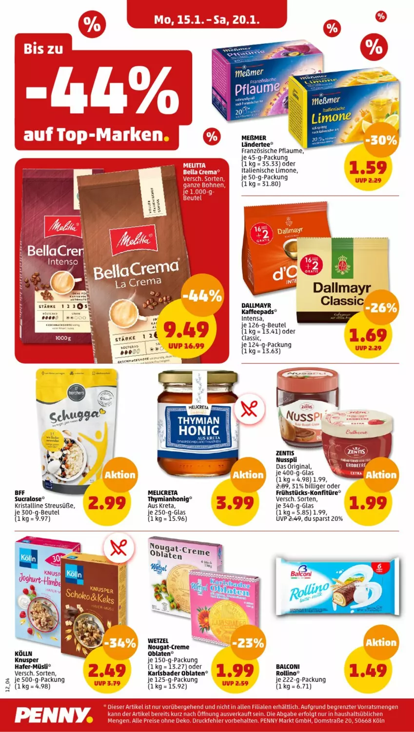 Aktueller Prospekt Penny - Prospekte - von 15.01 bis 20.01.2024 - strona 12 - produkty: Alcon, arla, Bad, beutel, creme, dallmayr, gin, honig, kaffee, kaffeepads, konfitüre, LG, limo, nuss, nusspli, Oblaten, pflaume, Ti, zentis