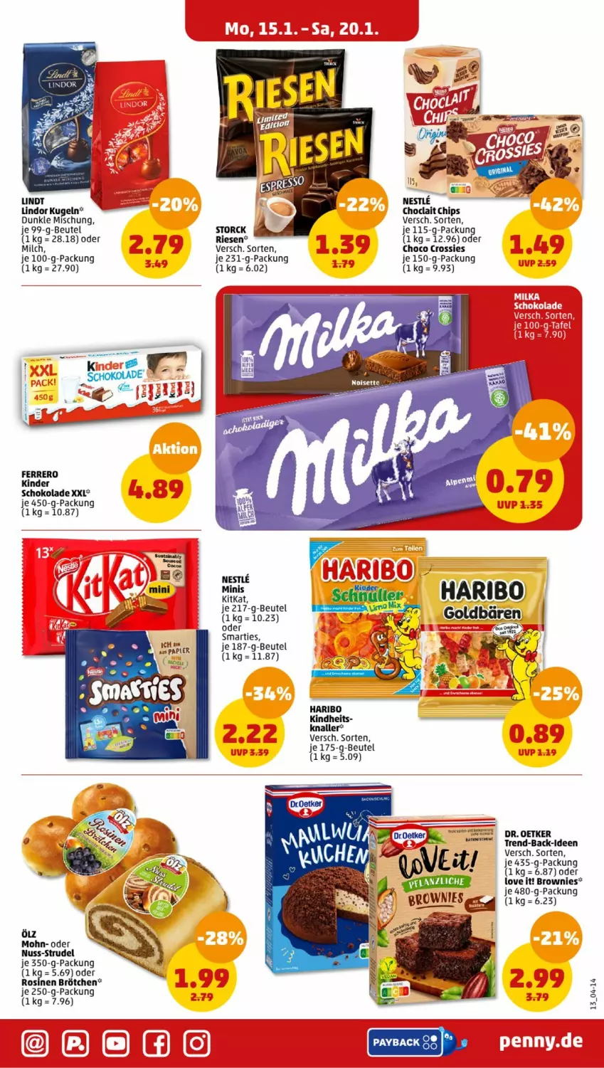 Aktueller Prospekt Penny - Prospekte - von 15.01 bis 20.01.2024 - strona 13 - produkty: beutel, brötchen, brownie, brownies, chips, choclait chips, choco crossies, crossies, Dr. Oetker, ferrero, je 250-g-packung, Kinder, kinder schokolade, kitkat, Kugel, lindor, milch, nuss, payback, schoko, schokolade, smarties, Strudel, Ti