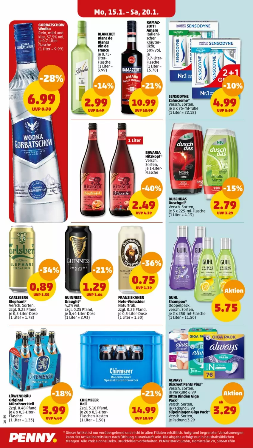 Aktueller Prospekt Penny - Prospekte - von 15.01 bis 20.01.2024 - strona 16 - produkty: amaro, auer, bier, binden, carlsberg, creme, Discreet, duschdas, duschgel, eimer, eis, flasche, flaschen-kasten, franziskaner, gin, Guhl, Guinness, Hefe, kräuter, likör, mam, natur, Pants, rama, Ria, rosen, sensodyne, shampoo, slip, slipeinlagen, Spezi, tee, Ti, weissbier, zahncreme, zott