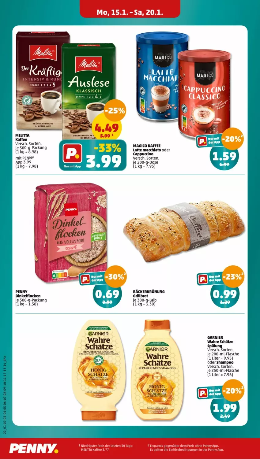 Aktueller Prospekt Penny - Prospekte - von 15.01 bis 20.01.2024 - strona 22 - produkty: ACC, brot, Cap, cappuccino, chia, cin, flasche, garnier, grill, Grillbrot, honig, kaffee, latte, latte macchiato, mac, macchiato, shampoo, spülung, Ti