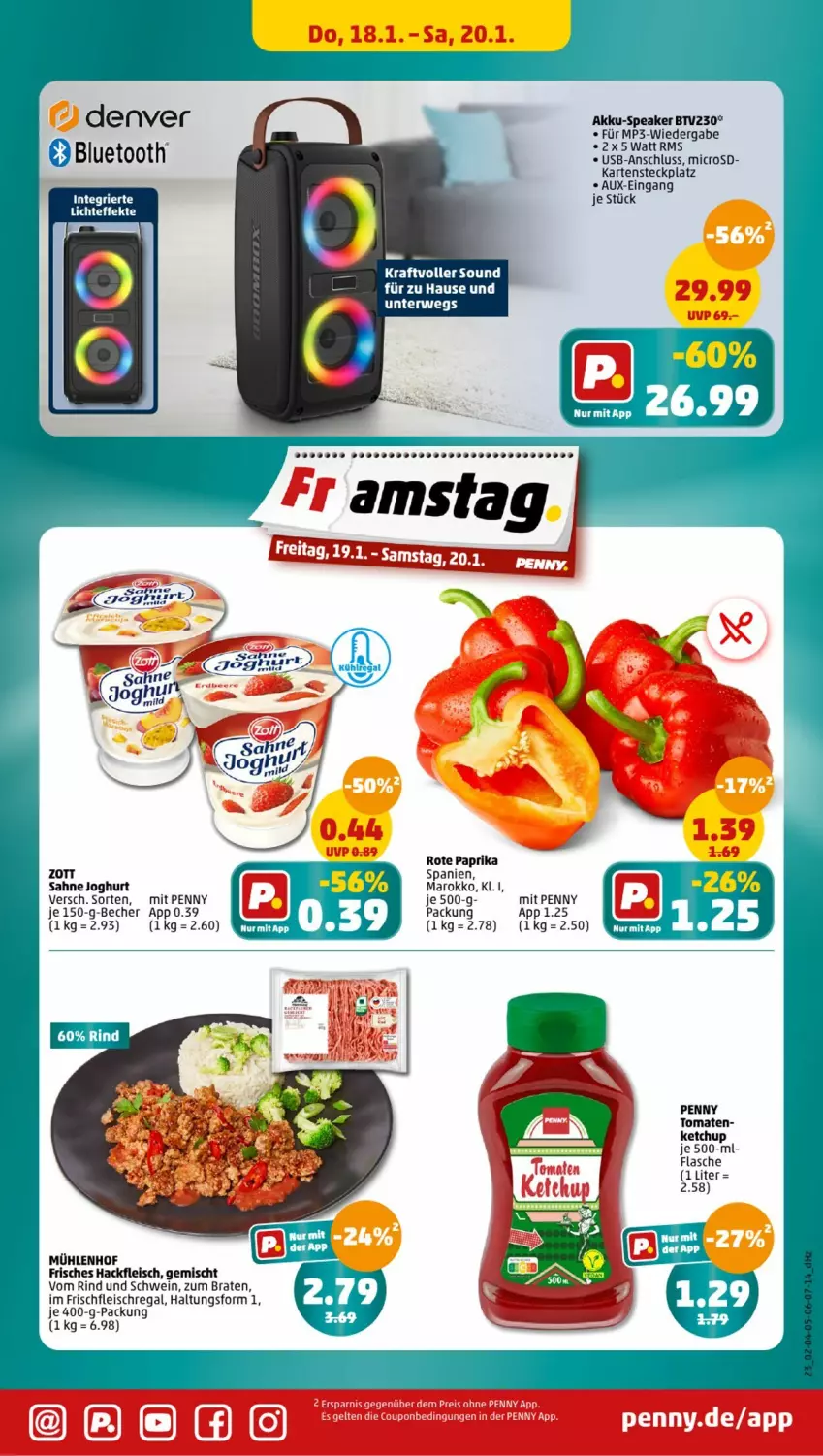 Aktueller Prospekt Penny - Prospekte - von 15.01 bis 20.01.2024 - strona 23 - produkty: akku, Becher, braten, eis, flasche, fleisch, hackfleisch, joghur, joghurt, ketchup, kraft, microsd, Mp3, paprika, regal, rind, sahne, sahne joghurt, schwein, tomate, tomaten, usb, wein, zott