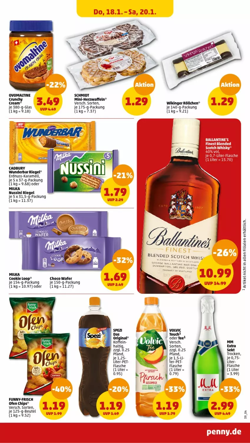 Aktueller Prospekt Penny - Prospekte - von 15.01 bis 20.01.2024 - strona 39 - produkty: ball, beutel, chips, cookie, erdnuss, flasche, funny-frisch, gin, karamell, mac, milka, mm extra, nuss, Ofen, ovomaltine, riegel, sekt, Spezi, tee, Ti, volvic, waffeln