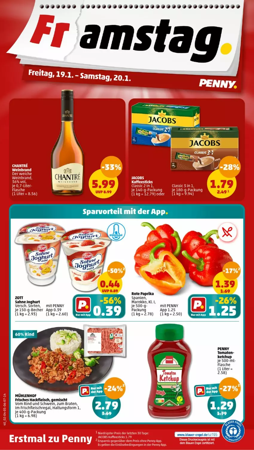 Aktueller Prospekt Penny - Prospekte - von 15.01 bis 20.01.2024 - strona 40 - produkty: Becher, braten, eis, flasche, fleisch, hackfleisch, joghur, joghurt, ketchup, paprika, regal, rind, sahne, sahne joghurt, schwein, tomate, tomaten, wein, zott