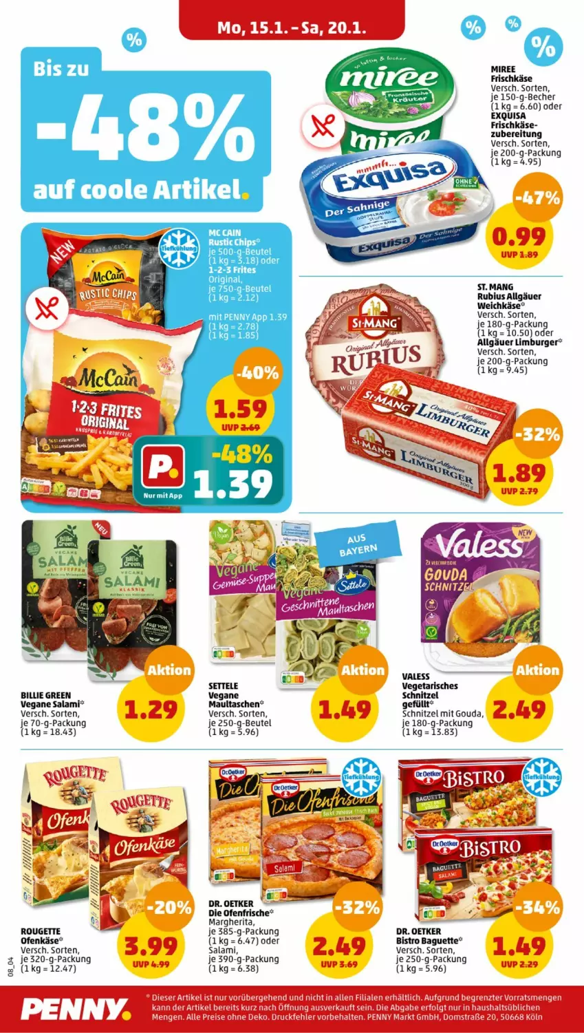 Aktueller Prospekt Penny - Prospekte - von 15.01 bis 20.01.2024 - strona 8 - produkty: baguette, Becher, beutel, Bistro Baguette, burger, die ofenfrische, Dr. Oetker, exquisa, exquisa frischkäse, frischkäse, gin, gouda, je 250-g-packung, Käse, LG, Limburger, margherita, maultaschen, miree, mit gouda, Ofen, Ofenkäse, rouge, rougette, Rubius, salami, schnitzel, settele, St. Mang, Tasche, taschen, Ti, Vegeta, weichkäse