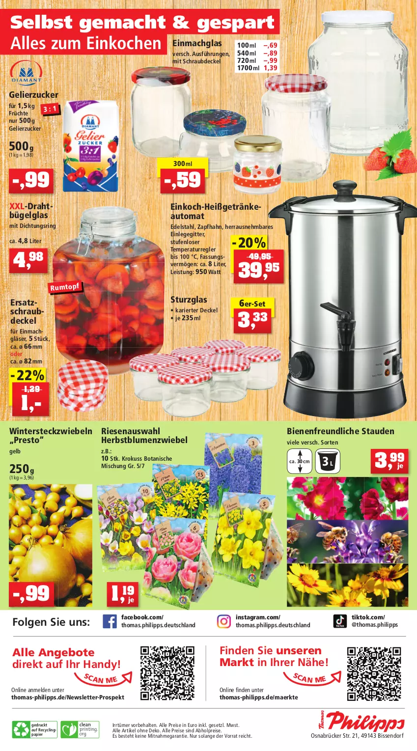 Aktueller Prospekt Thomas Philipps - Prospektwerbung - von 22.08 bis 27.08.2022 - strona 10 - produkty: abholpreise, alle preise sind abholpreise, angebot, angebote, auto, blume, blumen, bügel, Clin, decke, Deckel, Draht, edelstahl, einmachglas, eis, früchte, gelierzucker, getränk, getränke, Gläser, Handy, LG, mac, papier, reis, ring, rum, Rumtopf, stauden, Ti, topf, zucker, zwiebel, zwiebeln