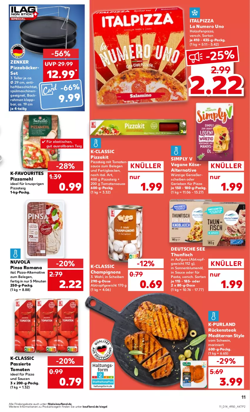 Aktueller Prospekt Kaufland - Prospekt - von 04.04 bis 10.04.2024 - strona 11 - produkty: angebot, angebote, asti, blume, blumen, blumenöl, champignon, champignons, elle, fisch, Holz, Käse, mehl, Ofen, pasta, pizza, Pizzamehl, Pizzateig, purland, Rückensteak, sauce, saucen, schwein, sim, sonnenblume, sonnenblumen, sonnenblumenöl, spülmaschinen, steak, teller, thunfisch, Ti, tisch, tomate, tomaten, tomatensauce, wein