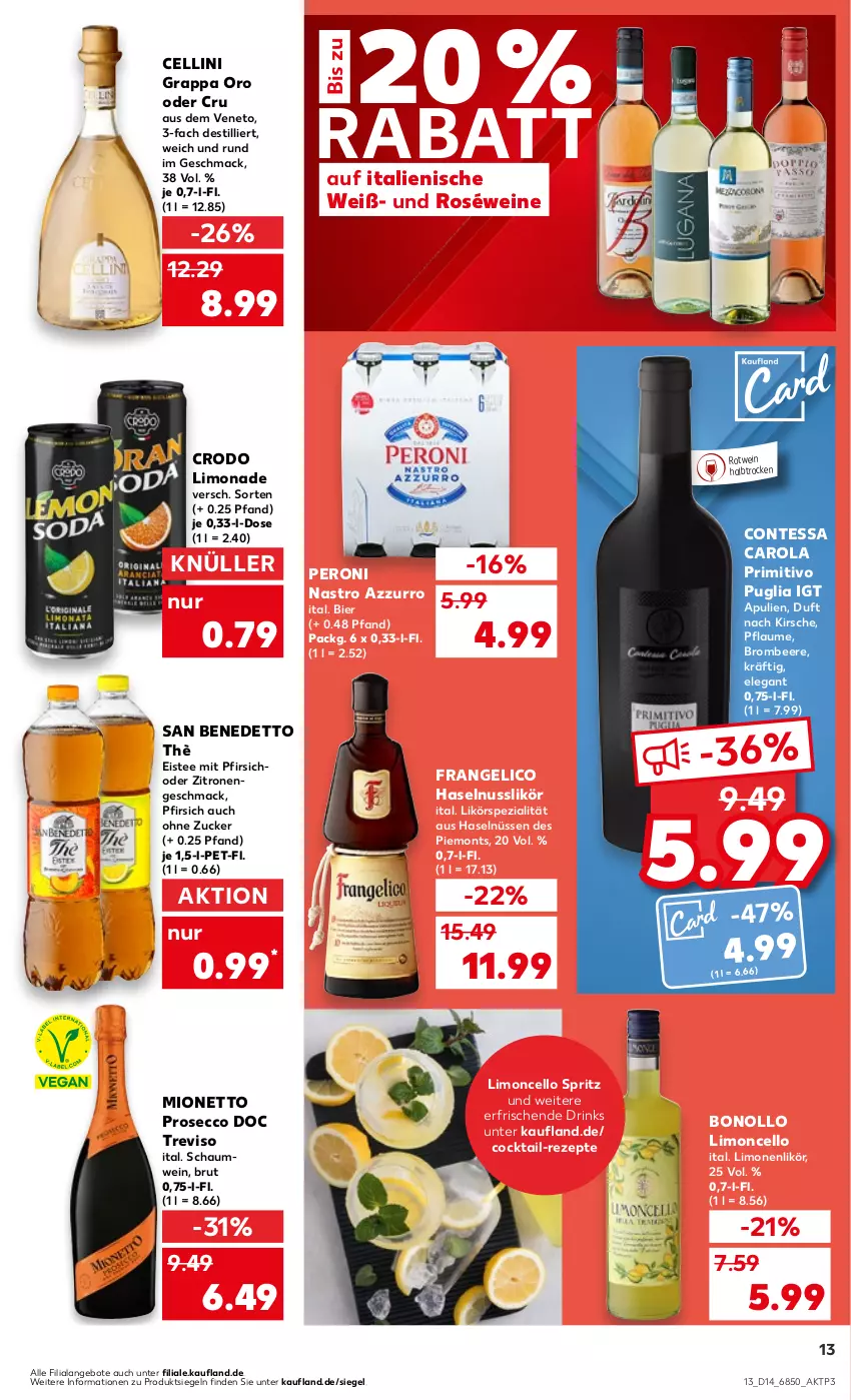 Aktueller Prospekt Kaufland - Prospekt - von 04.04 bis 10.04.2024 - strona 13 - produkty: angebot, angebote, beere, bier, brombeere, brut, cocktail, drink, drinks, ecco, eis, eistee, frangelico, grappa, haselnuss, kirsch, kirsche, likör, limo, limonade, limonen, mac, mionetto, nuss, Peroni, pfirsich, pflaume, primitivo, prosecco, rezept, rezepte, roséwein, rotwein, Spezi, tee, Ti, wein, weine, zitrone, zitronen, zucker