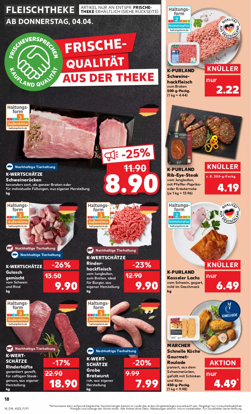 Aktueller Prospekt Kaufland - Prospekt - von 04.04 bis 10.04.2024 - strona 18 - produkty: angebot, braten, bratwurst, burger, eis, elle, fleisch, gourmetro, grobe bratwurst, gulasch, hackfleisch, jungbullen, Käse, kasseler, kräuter, kräutern, küche, lachs, mac, Metro, nuss, oder kräuter, paprika, pfeffer, purland, rind, rinder, rinderhackfleisch, Rinderhüfte, saft, schinken, schwein, schwein und rind, schweine, Schweinehackfleisch, schweinerücken, steak, Ti, vom schwein und rind, wein, weine, wurst, ZTE