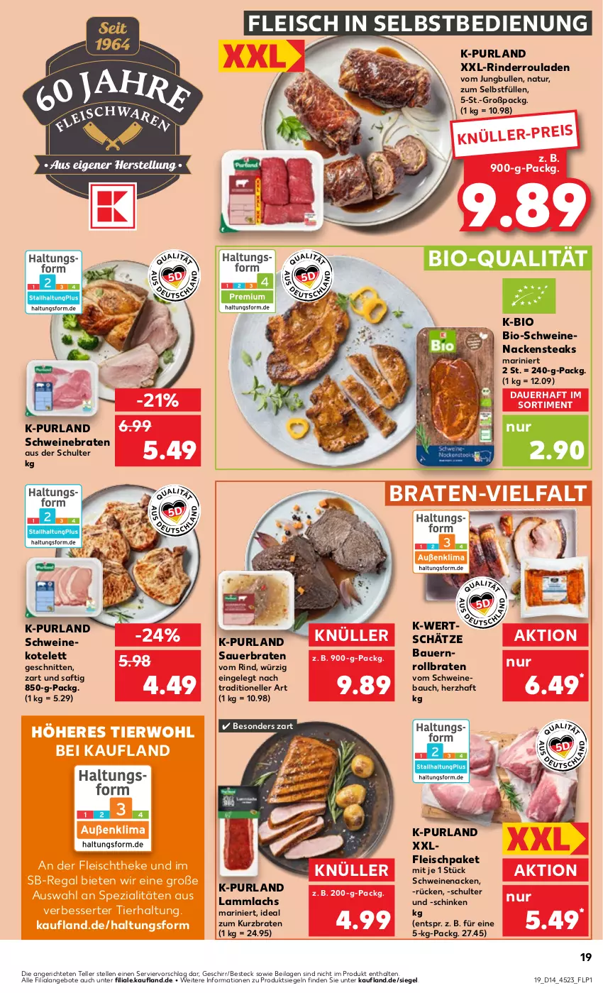 Aktueller Prospekt Kaufland - Prospekt - von 04.04 bis 10.04.2024 - strona 19 - produkty: angebot, angebote, auer, Bau, Bauer, besteck, bio, braten, eis, elle, fleisch, fleisch in selbstbedienung, geschirr, HP, ilag, jungbullen, kotelett, lachs, lamm, Nackensteak, nackensteaks, natur, purland, regal, rind, rinder, Rinderroulade, rinderrouladen, rollbraten, rouladen, saft, schinken, schnitten, schwein, schweine, Schweinebauch, schweinebraten, schweinekotelett, schweinenacken, Spezi, steak, steaks, teller, Ti, wein, weine