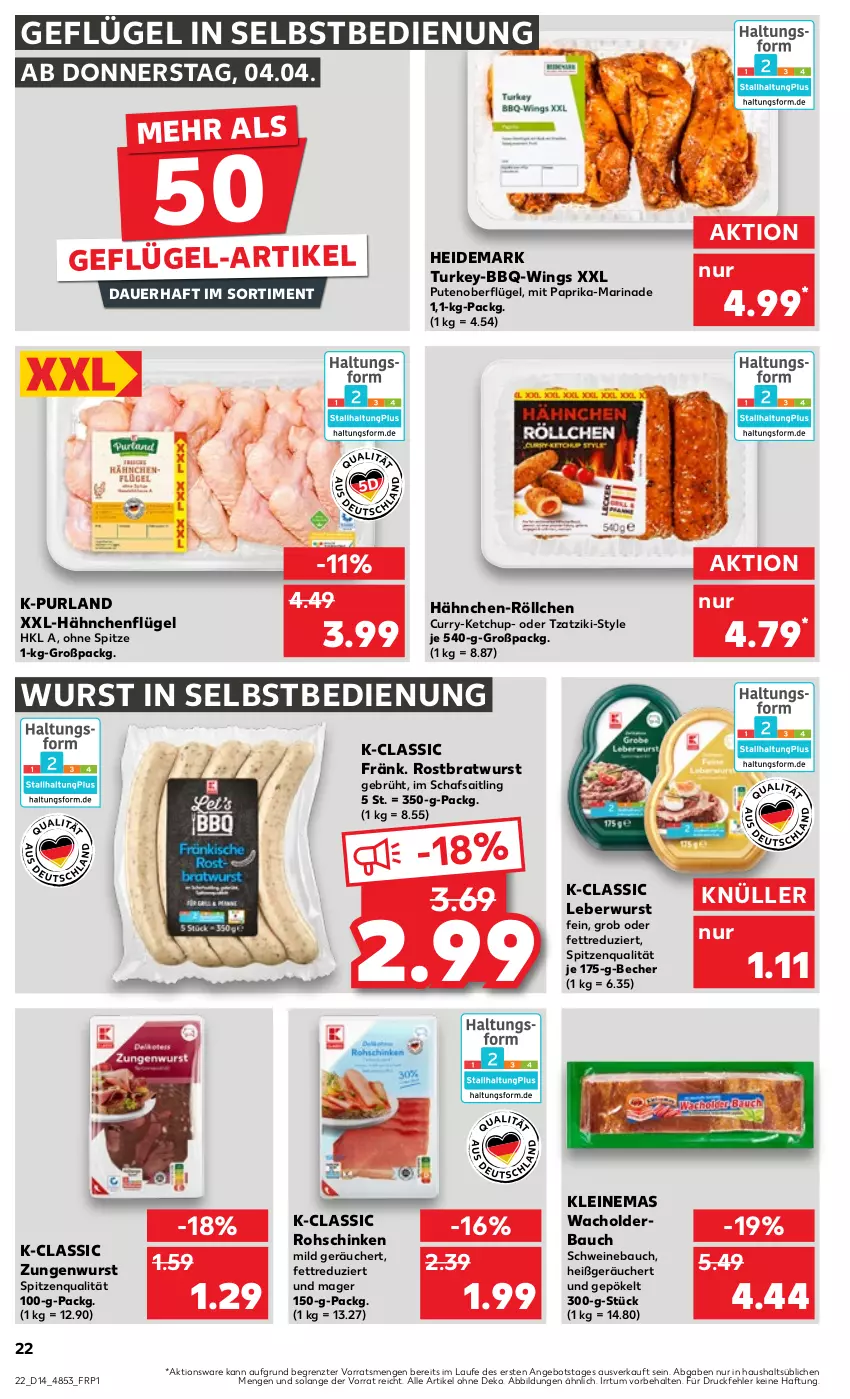 Aktueller Prospekt Kaufland - Prospekt - von 04.04 bis 10.04.2024 - strona 22 - produkty: angebot, auer, Bau, Becher, bratwurst, curry, Geflügel, hähnchenflügel, ketchup, leberwurst, leine, marinade, mit paprika, paprika, purland, pute, rohschinken, rostbratwurst, schinken, schwein, schweine, Schweinebauch, spitzenqualität, Ti, tzatziki, wein, weine, wurst, wurst in selbstbedienung, ZTE