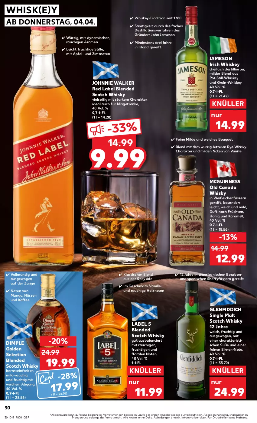 Aktueller Prospekt Kaufland - Prospekt - von 04.04 bis 10.04.2024 - strona 30 - produkty: angebot, apfel, Birnen, blended scotch, blended scotch whisky, bourbon, frucht, früchte, früchten, getränk, getränke, Guinness, Holz, honig, irish whiskey, jameson, johnnie walker, kaffee, karamell, mac, mango, Mixgetränk, Rauch, scotch, scotch whisky, single malt, Ti, tisch, usb, vanille, whiskey, whisky, ZTE