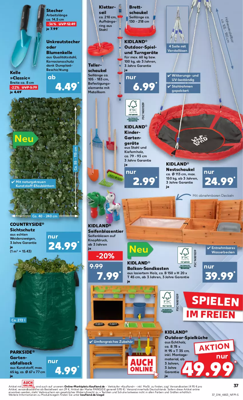 Aktueller Prospekt Kaufland - Prospekt - von 04.04 bis 10.04.2024 - strona 37 - produkty: blume, blumen, Brei, decke, Deckel, eis, elle, ente, erde, Garten, Holz, Kinder, Kraut, küche, natur, ndk, Parkside, Rauch, rel, Ria, ring, sac, Sandkasten, Schaukel, schuhe, Seife, Spiele, Spielküche, teller, Ti, versandkostenfrei, wasser