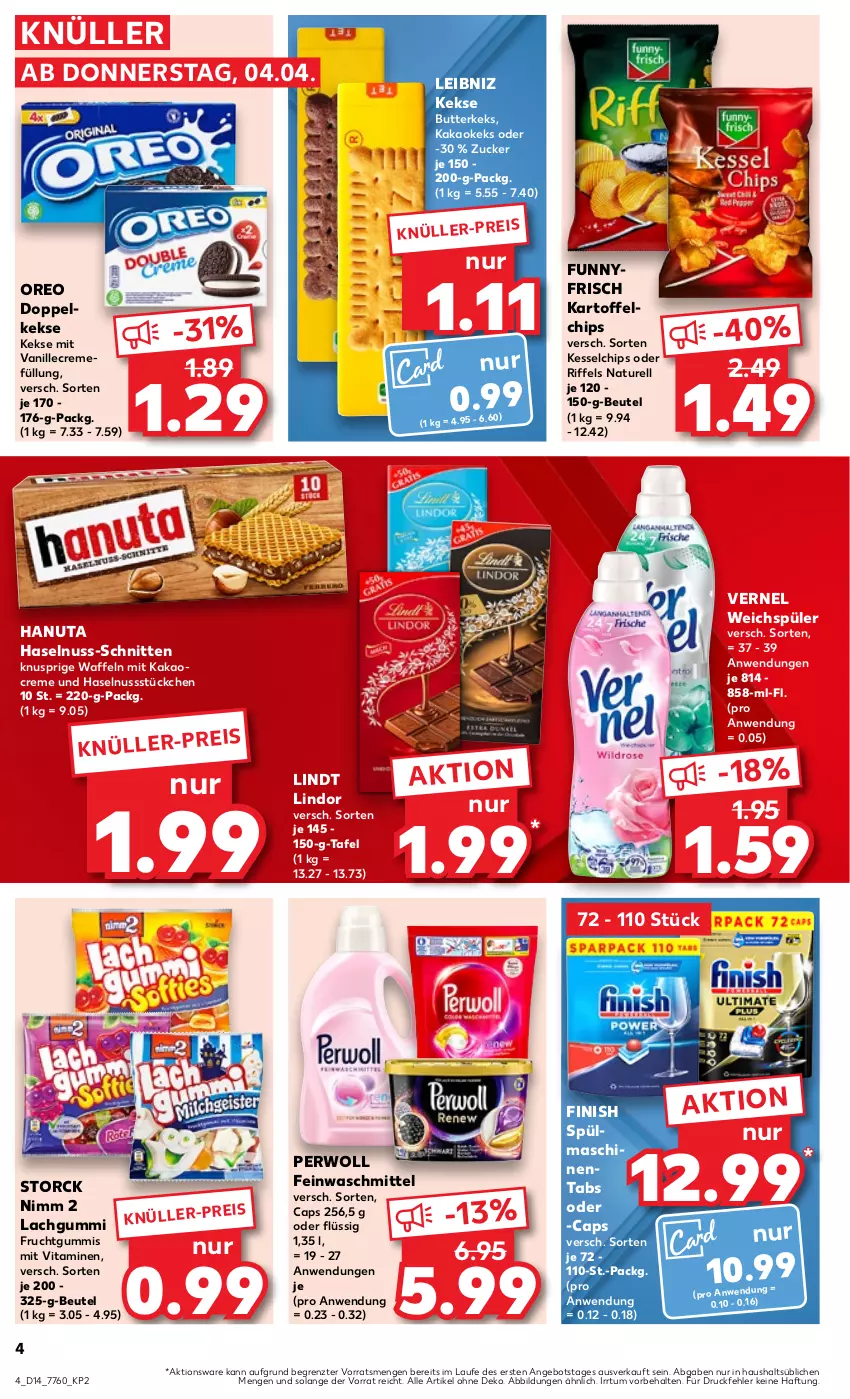 Aktueller Prospekt Kaufland - Prospekt - von 04.04 bis 10.04.2024 - strona 4 - produkty: angebot, beutel, butter, butterkeks, Cap, chips, creme, Doppelkekse, eis, feinwaschmittel, Finish, frucht, fruchtgummi, fruchtgummis, hanuta, haselnuss, kakao, kartoffel, kartoffelchips, keks, kekse, lachgummi, leibniz, lindor, lindt, natur, Nimm 2, nuss, oreo, perwoll, rel, schnitten, spülmaschinen, spülmaschinentabs, storck, Ti, vanille, vernel, vita, Vitamine, waffeln, waschmittel, weichspüler, ZTE, zucker