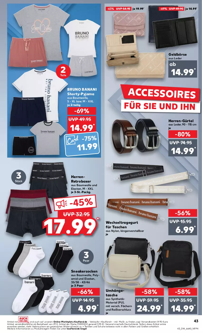 Aktueller Prospekt Kaufland - Prospekt - von 04.04 bis 10.04.2024 - strona 43 - produkty: ACC, accessoires, Bau, baumwolle, bruno banani, eis, erde, Geldbörse, ndk, Parkside, Pyjama, Rauch, rel, Ria, schuhe, shorty, shorty-pyjama, sneaker, sneakersocken, socken, Tasche, taschen, Ti, umhängetasche, versandkostenfrei, wolle