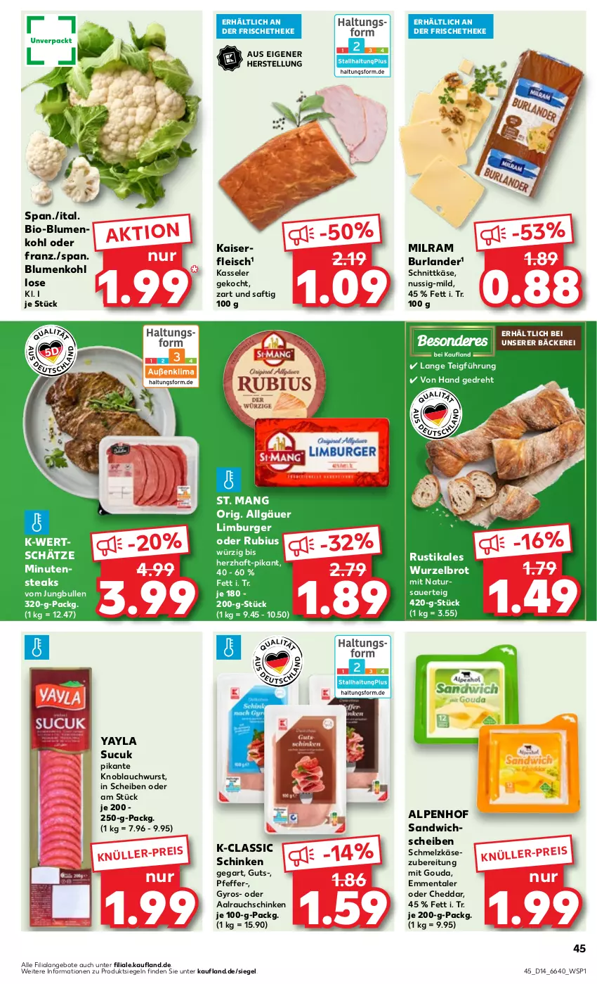 Aktueller Prospekt Kaufland - Prospekt - von 04.04 bis 10.04.2024 - strona 45 - produkty: angebot, angebote, auer, bio, blume, blumen, blumenkohl, brot, burger, burlander, cheddar, eis, emmentaler, fleisch, gouda, gyros, jungbullen, Kaiser, Käse, kasseler, knoblauch, LG, Limburger, milram, minutensteaks, mit gouda, natur, nuss, pfeffer, Rauch, Rubius, saft, sandwich, schinken, Schmelzkäse, schmelzkäsezubereitung, schnittkäse, St. Mang, steak, steaks, Sucuk, Ti, wurst