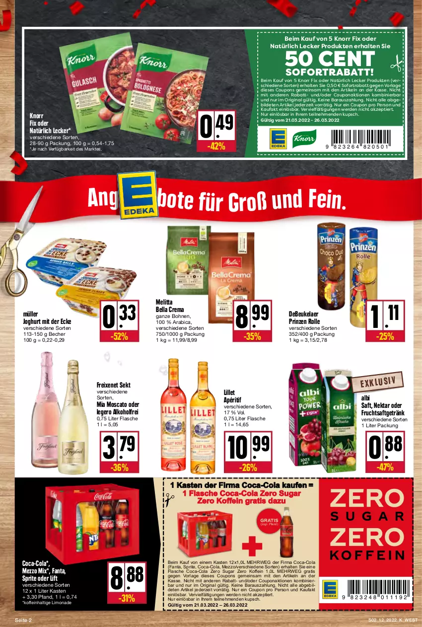 Aktueller Prospekt Kupsch - Angebote der Woche - von 21.03 bis 26.03.2022 - strona 2 - produkty: alkohol, Becher, bella crema, bohne, bohnen, coca-cola, cola, coupon, coupons, debeukelaer, erde, fanta, flasche, freixenet, frucht, fruchtsaft, fruchtsaftgetränk, getränk, gin, joghur, joghurt, joghurt mit der ecke, knorr, knorr fix, lillet, limo, limonade, melitta, Mezzo Mix, Müller, Nektar, prinzen rolle, rwe, saft, sekt, sofortrabatt, sprite, Ti