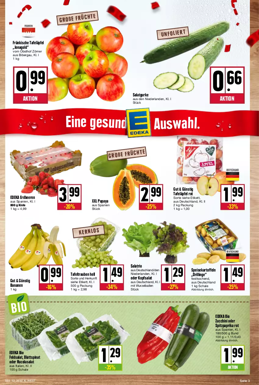 Aktueller Prospekt Kupsch - Angebote der Woche - von 21.03 bis 26.03.2022 - strona 3 - produkty: ball, banane, bananen, beere, beeren, bio, blattspinat, cola, deka, edeka bio, eis, erdbeere, erdbeeren, feldsalat, gurke, kartoffel, kartoffeln, kopfsalat, obst, Papaya, paprika, paprika rot, rucola, salat, Salatgurke, Schal, Schale, speisekartoffeln, spinat, Spitzpaprika, tafeläpfel, tafeltrauben, Ti, trauben, zucchini