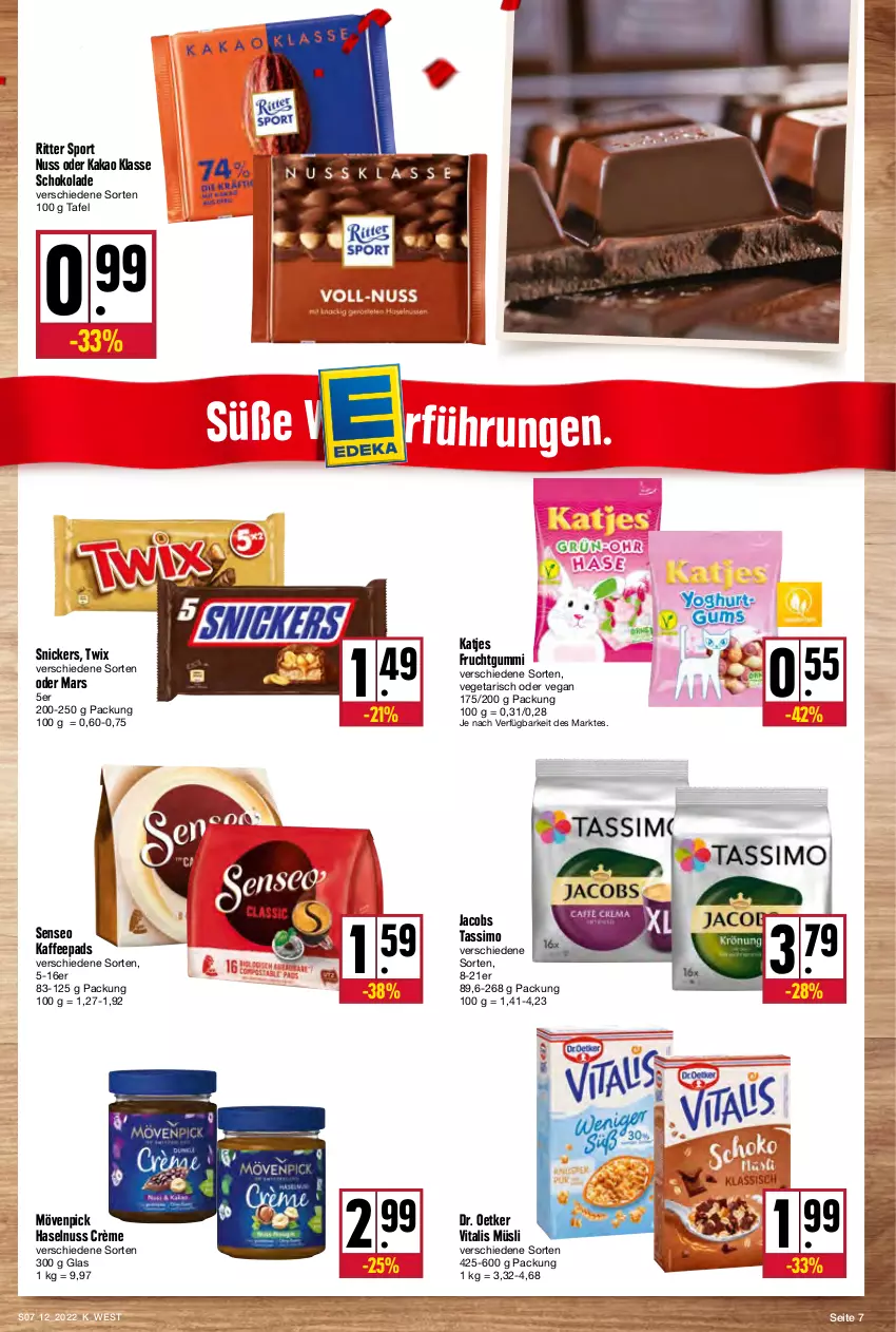 Aktueller Prospekt Kupsch - Angebote der Woche - von 21.03 bis 26.03.2022 - strona 7 - produkty: Dr. Oetker, frucht, fruchtgummi, haselnuss, jacobs, jacobs tassimo, kaffee, kaffeepads, kakao, katjes, mars, mövenpick, müsli, nuss, ritter, ritter sport, schoko, schokolade, senseo, sim, snickers, Sport, tassimo, twix, Vegeta, vita, vitalis, vitalis müsli