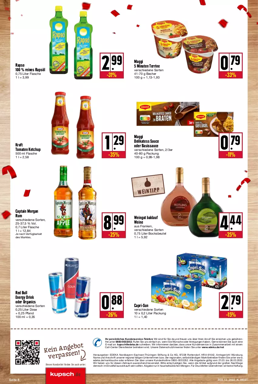 Aktueller Prospekt Kupsch - Angebote der Woche - von 21.03 bis 26.03.2022 - strona 8 - produkty: angebot, angebote, Becher, beutel, Cap, capri-sun, captain morgan, deka, delikatess sauce, drink, eis, energy drink, ente, flasche, ketchup, kraft, maggi, rapso, rapsöl, red bull, reines rapsöl, ring, rum, sac, sauce, telefon, terrine, Ti, tomate, tomaten, tomaten ketchup, wein, weine