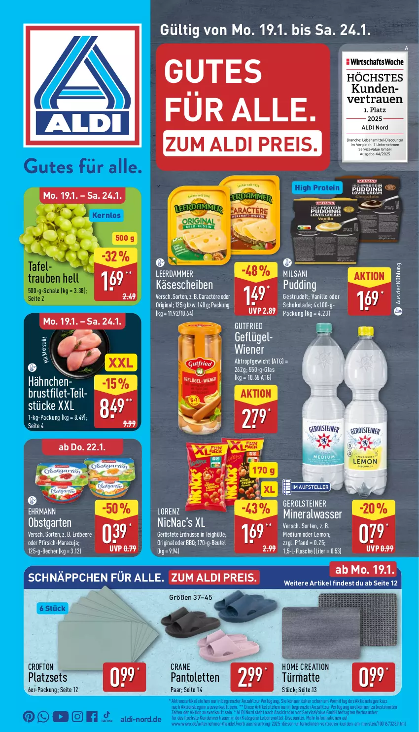 Aktueller Prospekt Aldi Nord - Von Montag - von 19.01 bis 24.01.2026 - strona 1 - produkty: aldi, Alwa, Becher, beere, beutel, brustfilet, caractère, Crofton, discount, ehrmann, eis, elle, erdbeere, erdnüsse, filet, flasche, Garten, Geflügel, gerolsteine, gerolsteiner, gin, gutfried, hähnchenbrust, hähnchenbrustfilet, Käse, käsescheiben, lebensmittel, leerdammer, lorenz, maracuja, mineralwasser, obst, obstgarten, pantolette, pantoletten, pfirsich, pudding, Rauch, reis, Schal, Schale, schnäppchen, schoko, schokolade, steiner, Strudel, tafeltrauben, teller, Ti, trauben, vanille, wasser, wiener, ZTE