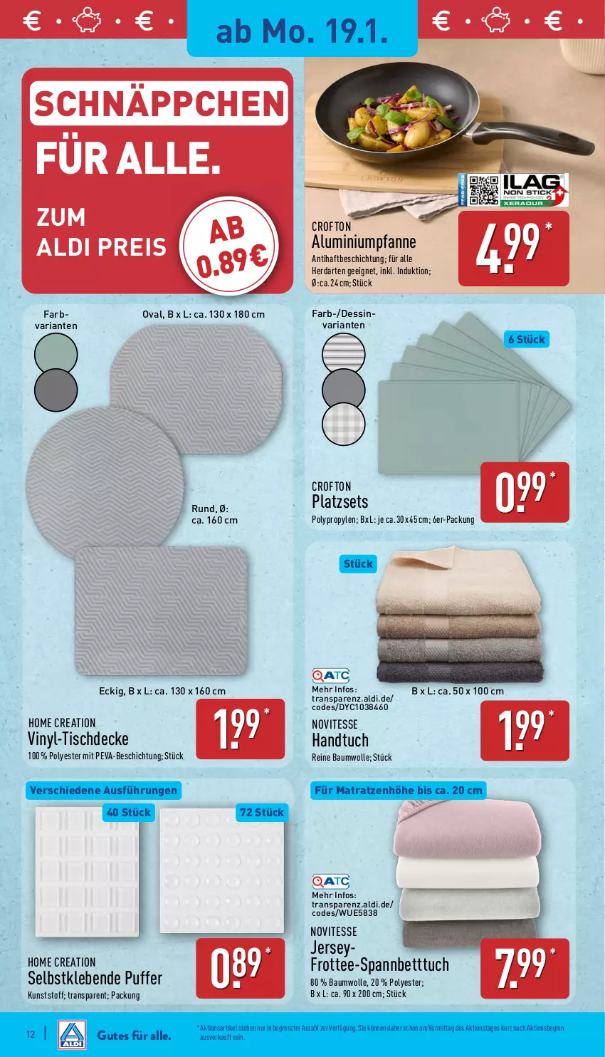 Aktueller Prospekt Aldi Nord - Von Montag - von 19.01 bis 24.01.2026 - strona 12 - produkty: aldi, Bau, baumwolle, bett, Betttuch, Crofton, decke, eis, gin, handtuch, herdarten, matratze, matratzen, pfanne, reine baumwolle, reis, Ria, schnäppchen, spannbetttuch, tee, Ti, tisch, tischdecke, tuc, wolle, ZTE