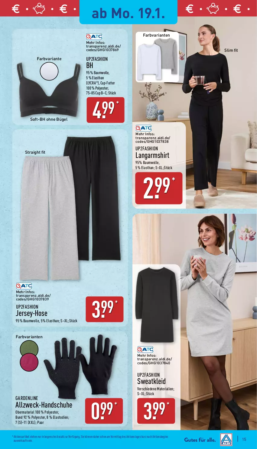 Aktueller Prospekt Aldi Nord - Von Montag - von 19.01 bis 24.01.2026 - strona 15 - produkty: aldi, Bau, baumwolle, BH ohne Bügel, bügel, gin, handschuhe, hose, kleid, Langarmshirt, Ria, schuhe, shirt, Sweatkleid, Ti, up2fashion, weck, wolle, ZTE