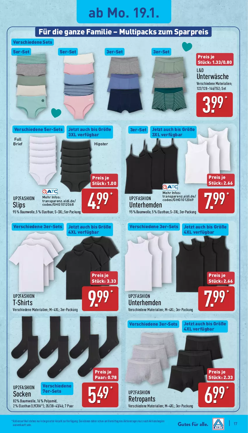 Aktueller Prospekt Aldi Nord - Von Montag - von 19.01 bis 24.01.2026 - strona 17 - produkty: aldi, Bau, baumwolle, brie, eis, gin, hemd, hemden, Pants, reis, Retropants, Ria, shirt, shirts, slip, slips, socken, T-Shirt, Ti, Unterhemd, unterhemden, Unterwäsche, up2fashion, wolle, ZTE