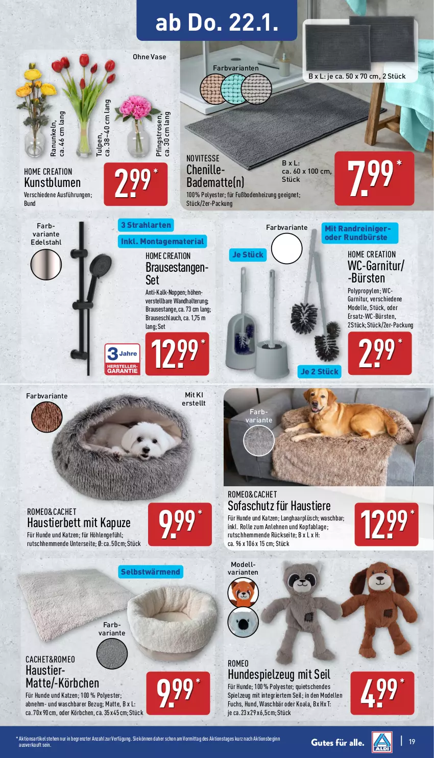 Aktueller Prospekt Aldi Nord - Von Montag - von 19.01 bis 24.01.2026 - strona 19 - produkty: aust, Bad, badematte, bett, blume, blumen, brause, brauseschlauch, bürste, bürsten, dell, edelstahl, elle, garnitur, gin, Körbchen, Kunstblume, Mode, Pfingstrosen, Plüsch, reiniger, Ria, rosen, Rundbürste, schlauch, Sofa, spielzeug, Stier, Ti, Tiere, Vase, wandhalterung, WC-Bürste, wc-garnitur, ZTE