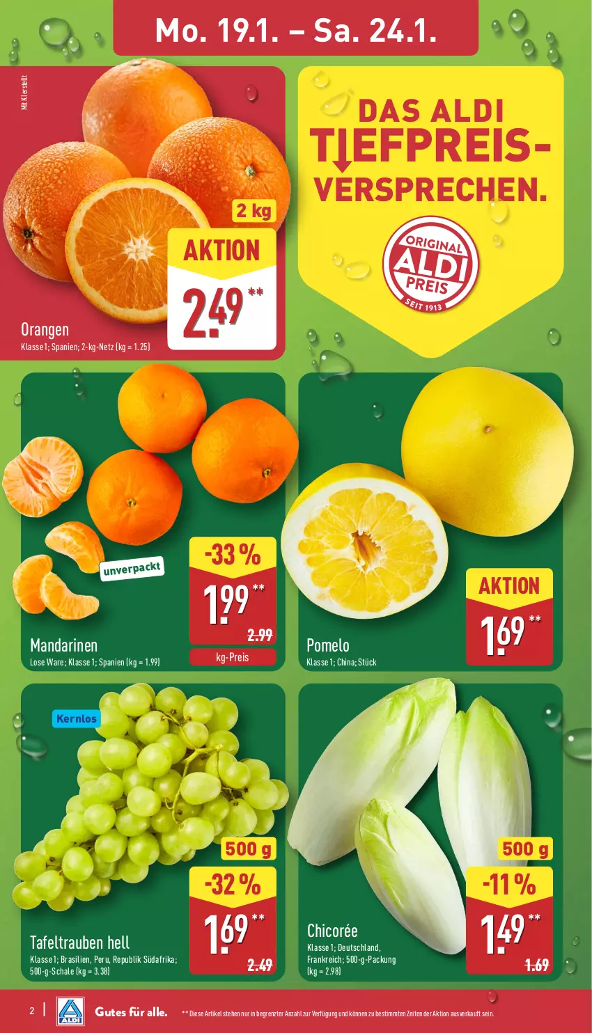 Aktueller Prospekt Aldi Nord - Von Montag - von 19.01 bis 24.01.2026 - strona 2 - produkty: aldi, eis, mandarine, mandarinen, orange, orangen, Pomelo, reis, Schal, Schale, tafeltrauben, Ti, trauben, ZTE
