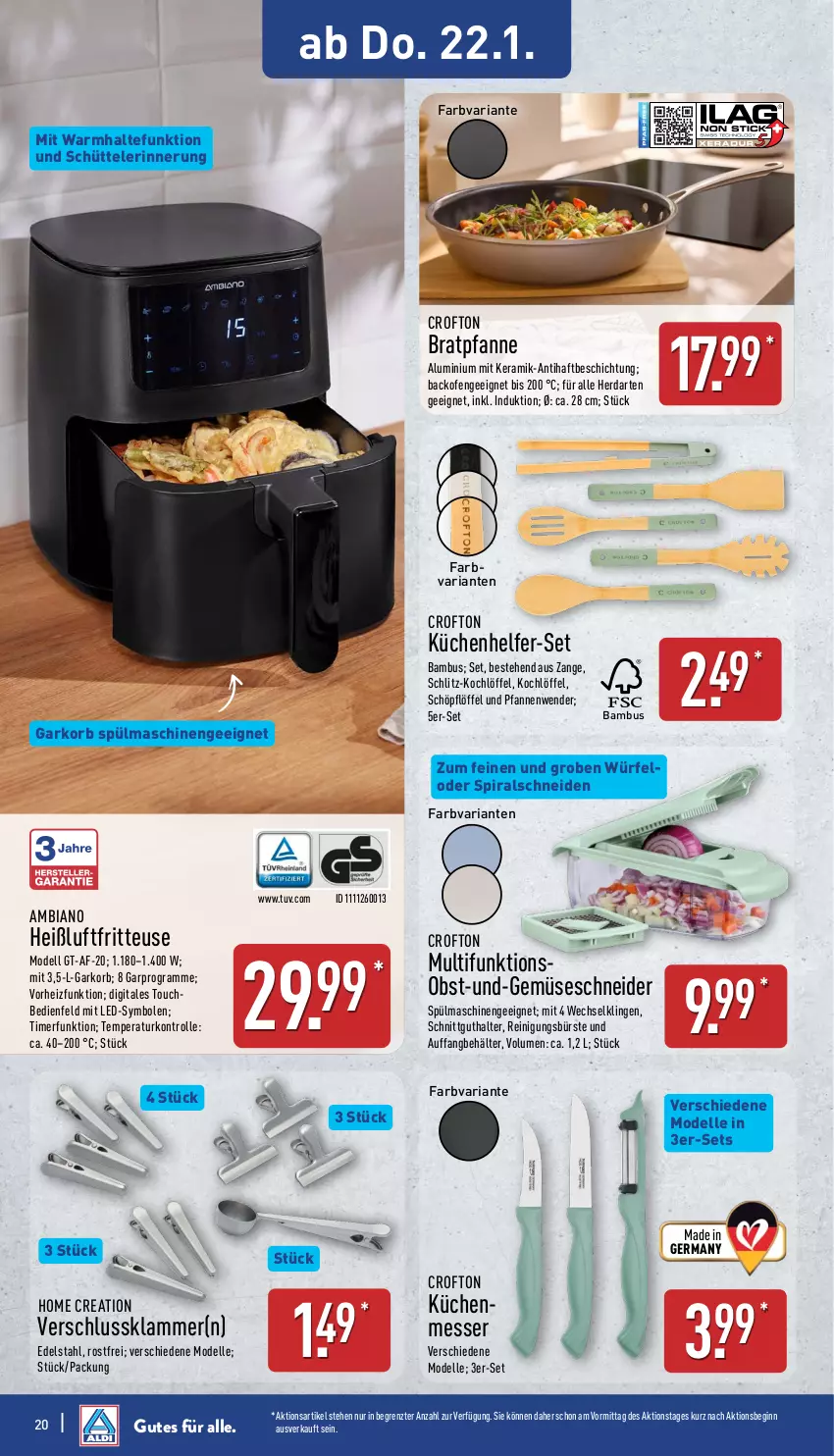 Aktueller Prospekt Aldi Nord - Von Montag - von 19.01 bis 24.01.2026 - strona 20 - produkty: ambia, backofen, bambus, Behälter, bratpfanne, bürste, Crofton, dell, edelstahl, elle, fritteuse, Germ, gin, Heißluftfritteuse, herdarten, Kochlöffel, korb, küche, Küchen, Küchenhelfer, lamm, Löffel, messer, Mode, obst, Ofen, pfanne, pfannen, Pfannenwender, Reinigung, reinigungsbürste, Ria, Schöpflöffel, spülmaschinen, Ti, timer, und pfanne, würfel, ZTE