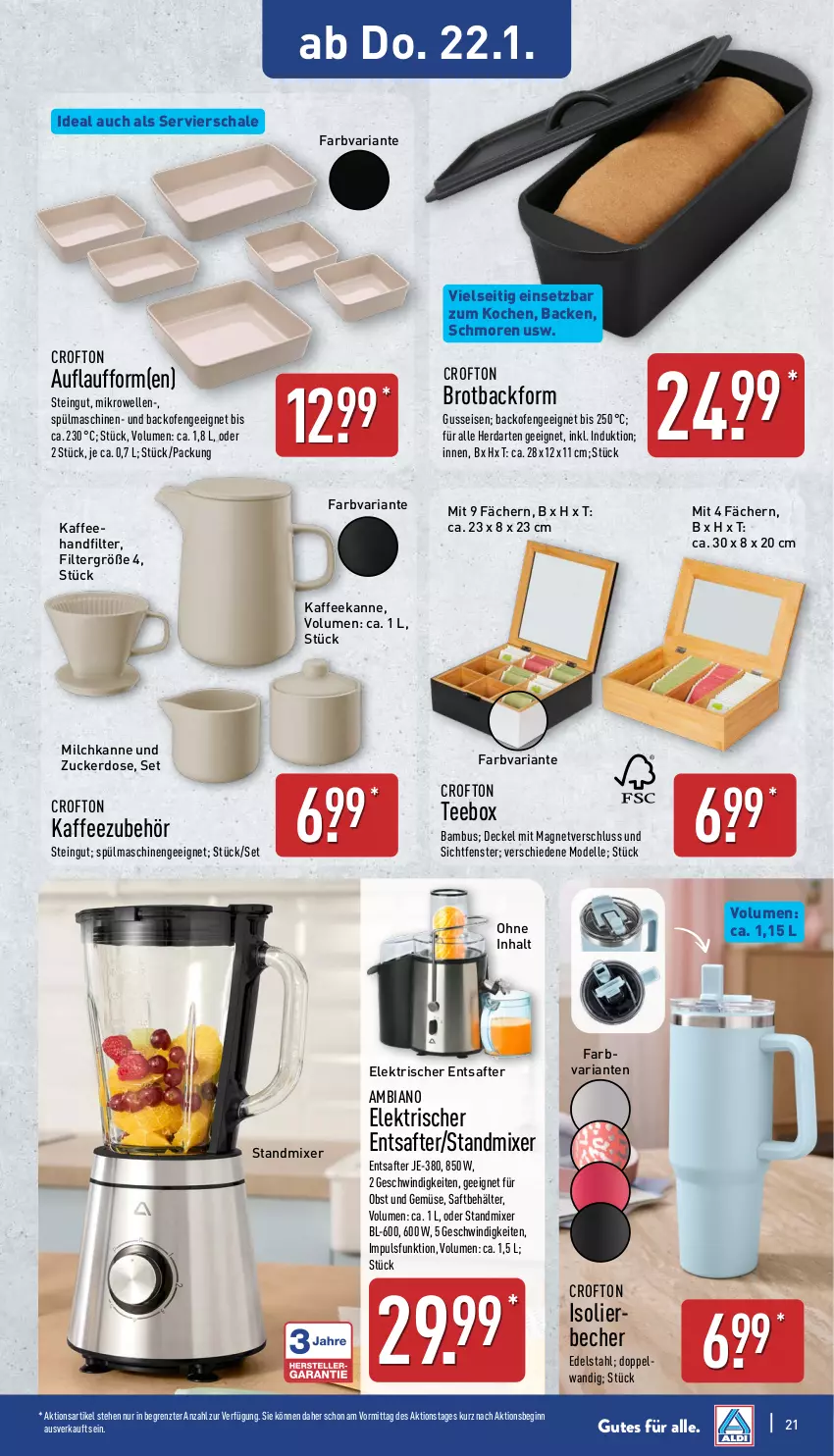 Aktueller Prospekt Aldi Nord - Von Montag - von 19.01 bis 24.01.2026 - strona 21 - produkty: ambia, Backform, backofen, bambus, Becher, Behälter, brot, Crofton, decke, Deckel, dell, edelstahl, eis, elle, Entsafter, fenster, gin, herdarten, kaffee, mikrowelle, milch, Mixer, Mode, obst, Obst und Gemüse, Ofen, Ria, saft, Schal, Schale, standmixer, tee, Ti, und gemüse, ZTE, zucker
