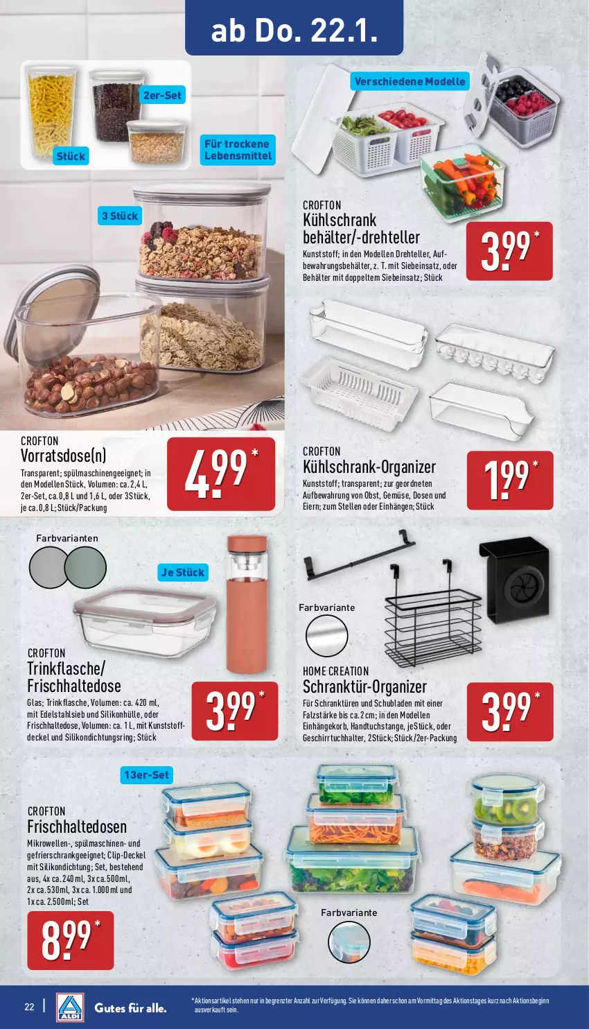 Aktueller Prospekt Aldi Nord - Von Montag - von 19.01 bis 24.01.2026 - strona 22 - produkty: Behälter, Crofton, decke, Deckel, dell, edelstahl, eier, elle, flasche, frischhaltedosen, gefrierschrank, geschirr, geschirrtuch, gin, handtuch, korb, kühlschrank, lebensmittel, mikrowelle, Mode, obst, Ria, ring, Schrank, schubladen, spülmaschinen, teller, Ti, trinkflasche, tuc, ZTE