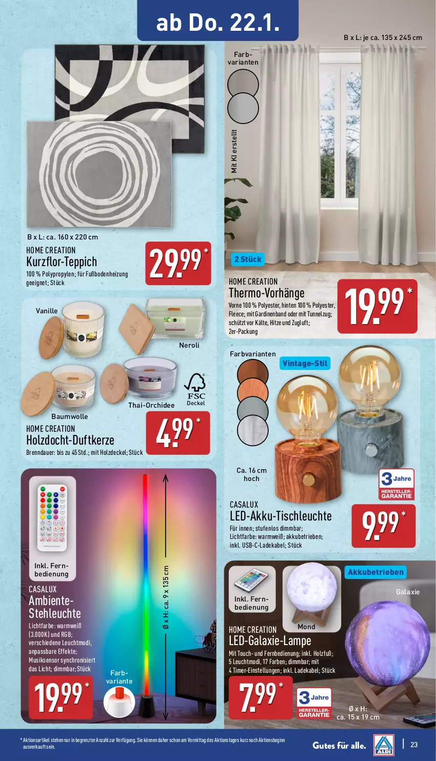 Aktueller Prospekt Aldi Nord - Von Montag - von 19.01 bis 24.01.2026 - strona 23 - produkty: akku, auer, Bau, baumwolle, decke, Deckel, deka, Duftkerze, ente, fernbedienung, Gardinen, gin, Holz, kerze, ladekabel, Lampe, Leuchte, nero, orchidee, Ria, stehleuchte, teppich, Ti, timer, tisch, tischleuchte, usb, vanille, wolle, ZTE