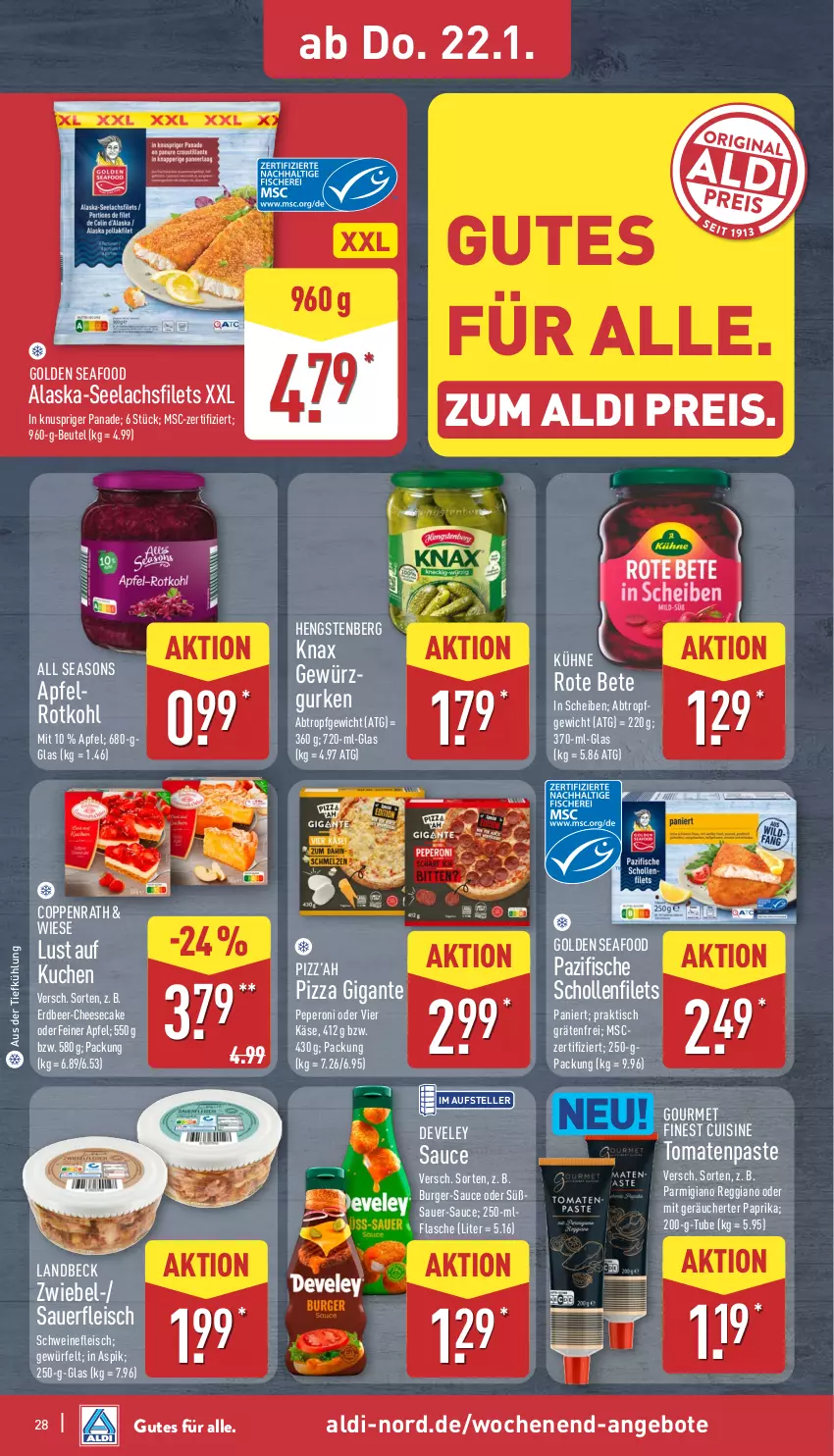 Aktueller Prospekt Aldi Nord - Von Montag - von 19.01 bis 24.01.2026 - strona 28 - produkty: Alaska-Seelachs, Alaska-Seelachsfilet, aldi, angebot, angebote, apfel, auer, aus der tiefkühlung, beutel, burger, cheesecake, coppenrath, develey, eis, elle, filet, filets, fisch, fische, flasche, fleisch, gewürz, gurke, gurken, hengstenberg, Käse, kuchen, Kühne, lachs, lachsfilet, lachsfilets, Lust auf Kuchen, paprika, parmigiano, parmigiano reggiano, peperoni, Peroni, pizza, reggiano, reis, rote bete, rotkohl, sauce, scholl, Schollenfilets, schwein, schweine, schweinefleisch, seelachsfilet, teller, Ti, tisch, tomate, tomaten, wein, weine, würfel, zwiebel