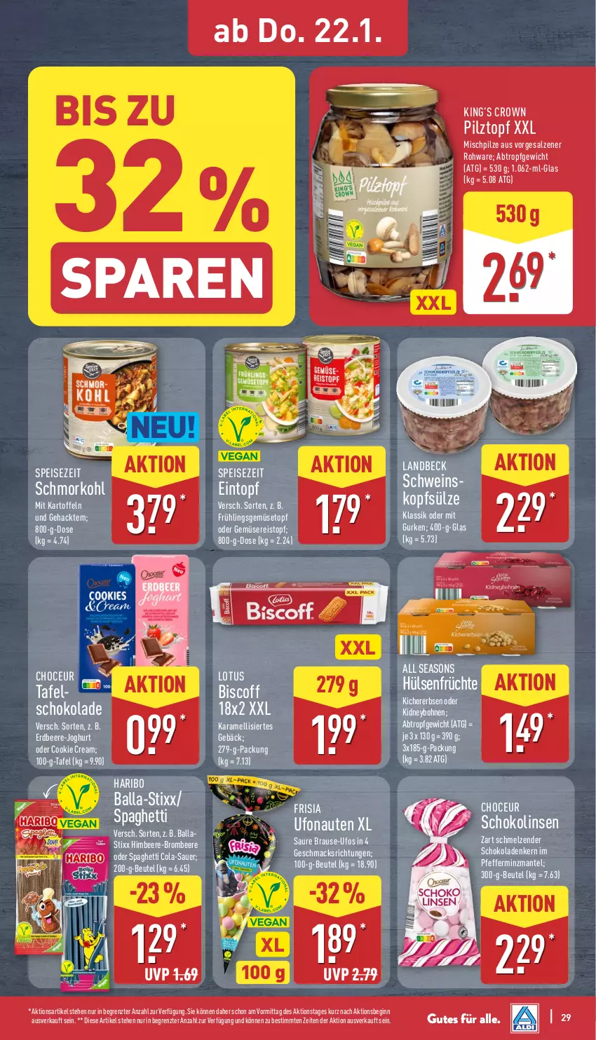 Aktueller Prospekt Aldi Nord - Von Montag - von 19.01 bis 24.01.2026 - strona 29 - produkty: asti, auer, ball, beere, beutel, biscoff, bohne, bohnen, brause, brombeere, cola, cookie, eintopf, eis, erbsen, erdbeere, früchte, gin, gurke, gurken, haribo, himbeer, himbeere, HP, joghur, joghurt, karamell, kartoffel, kartoffeln, kichererbsen, kidney, linsen, mac, Mantel, pfeffer, pilze, reis, salz, schoko, schokolade, schokoladen, Schokolinsen, schwein, spaghetti, Ti, topf, wein, ZTE